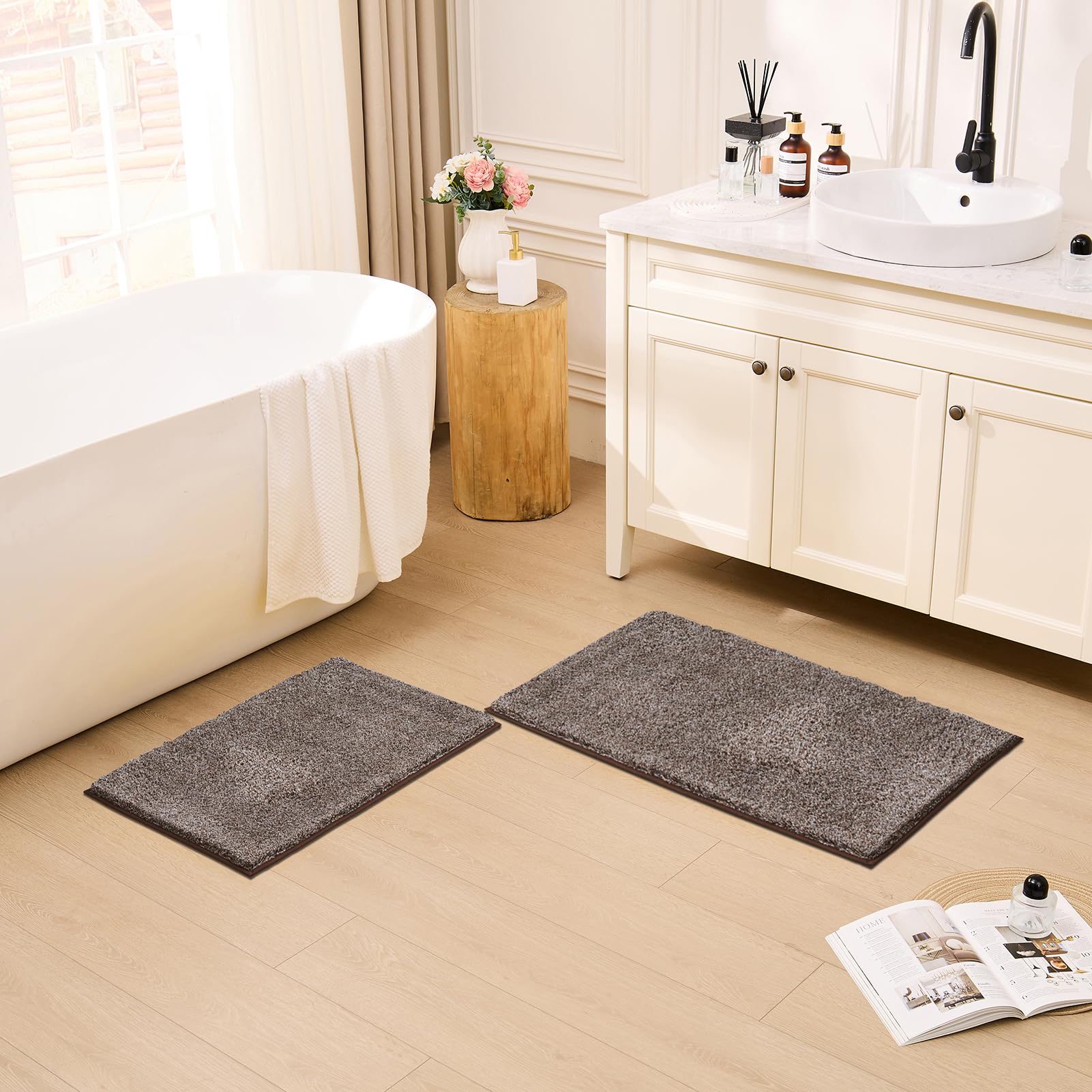 CozeCube Circle Fleece Bath mats for Bathroom, Fluffy Absorbent, Melange Quick Dry Microfiber Bath Rugs, Non Slip Washable Shower Mat Gifts, Brown, 24" X 16"
