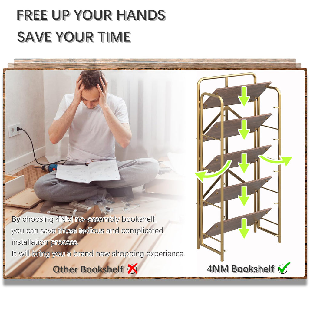 4NM No Assembly Folding Bookshelf, 3 Tiers Collapsible Book Shelves Open Industrial Foldable Storage Bookcase Shelf for Bedroom, Living Room, Home Office - Natural and White