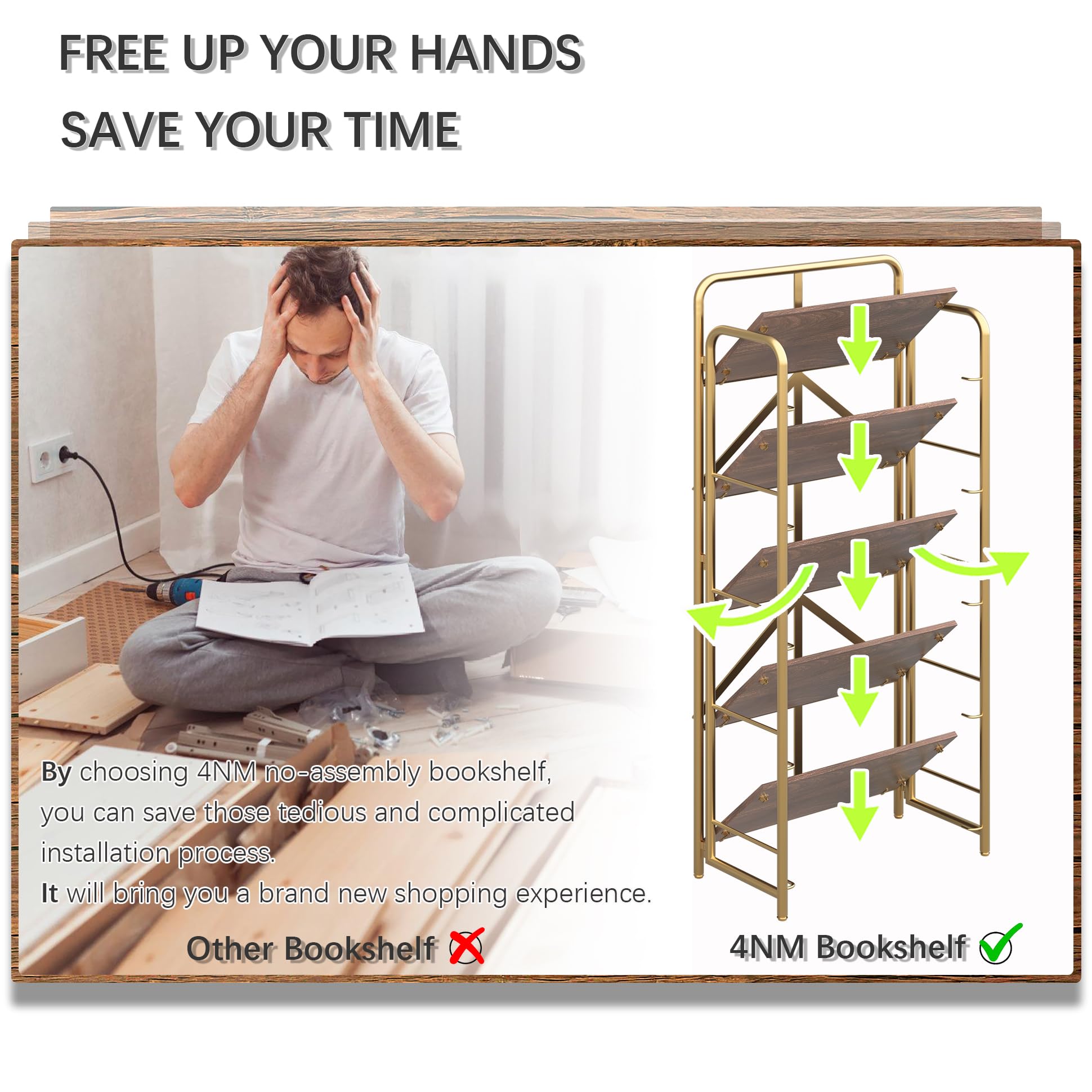 4NM No Assembly Folding Bookshelf, 3 Tiers Collapsible Book Shelves Open Industrial Foldable Storage Bookcase Shelf for Bedroom, Living Room, Home Office - Natural and White