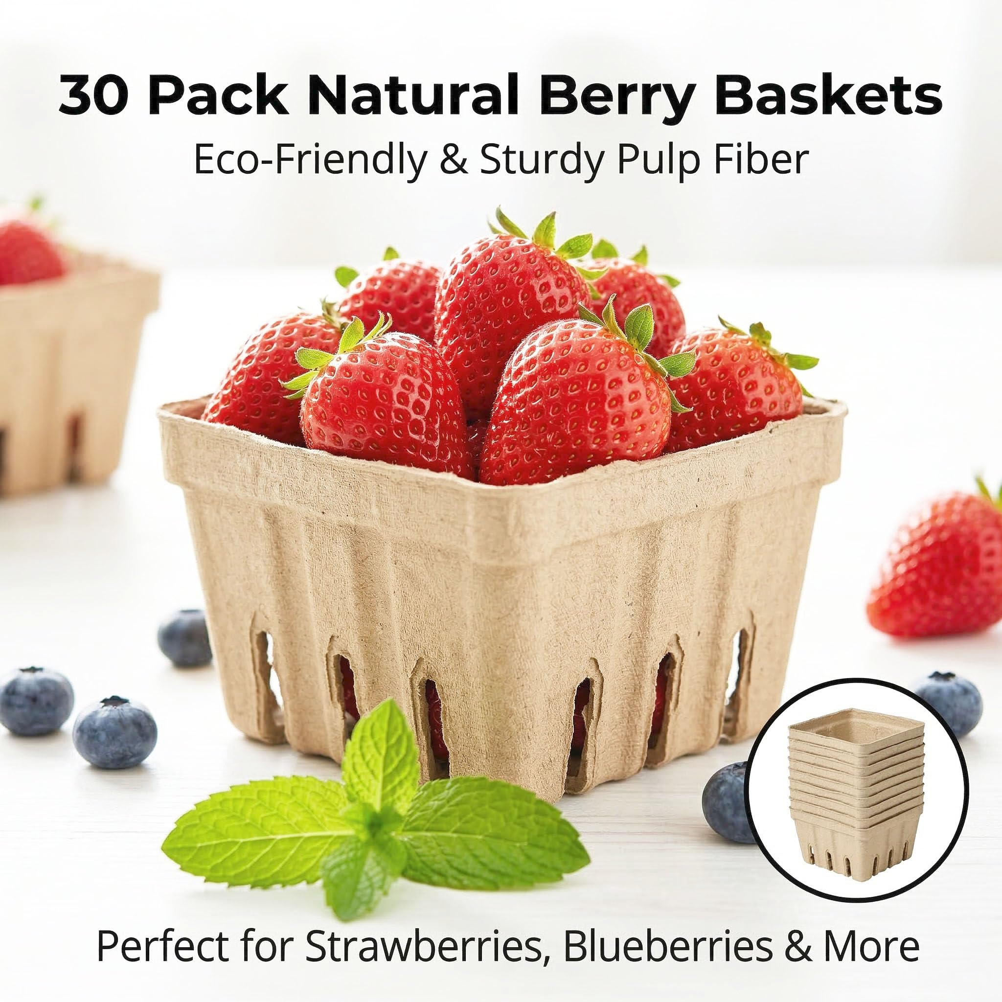 30 Pack Natural Pulp Fiber Berry Basket,Small Molded Produce Vented Basket Kitchen Supplies for Strawberry Blueberry Raspberry, Fruit Tray for Fruit Vegetable Farmer Market Grocery (Small)
