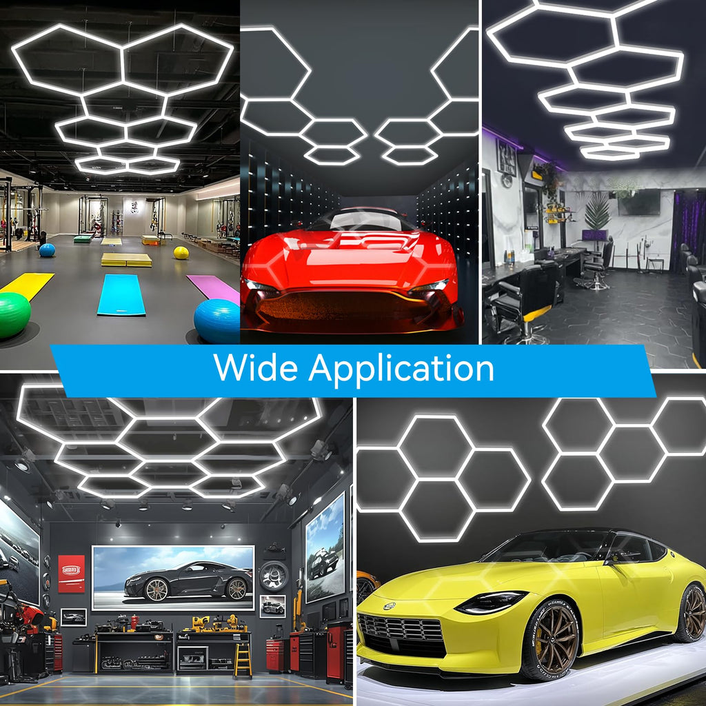 LZHOME LED Hexagon Garage Light: 12700LM Car Detailing Shop Light, DIY Splicing Ceiling & Wall Decor Lights, for Workshop Basement Gym Warehouse Bar Gaming Room