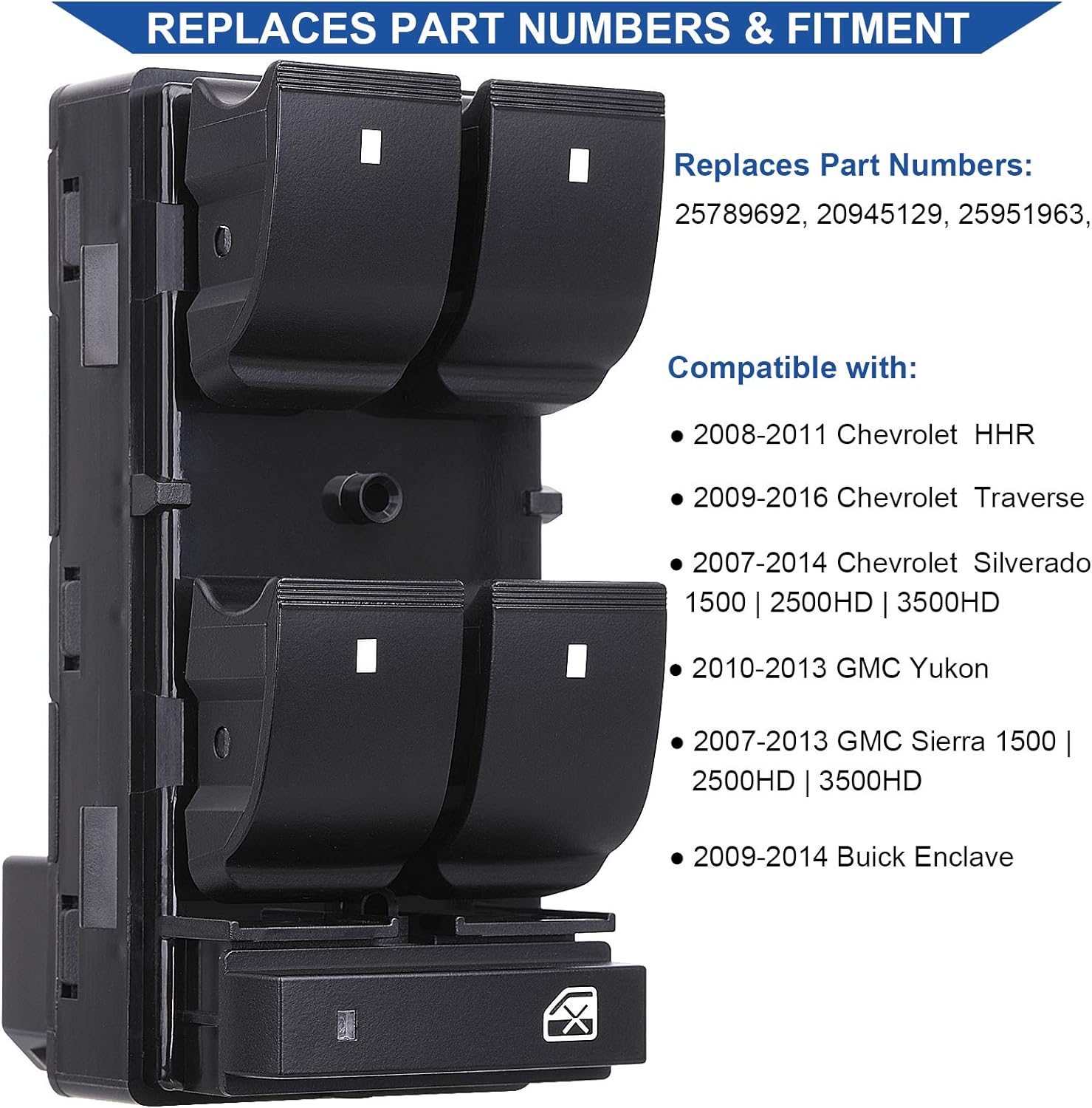 Obaee Driver Side Power Master Window Switch, Compatible with Chevy Silverado/Chevrolet Traverse/HHR/2007-2013 GMC Sierra/Yukon/Buick Enclave Replace OE 20945129 25789692
