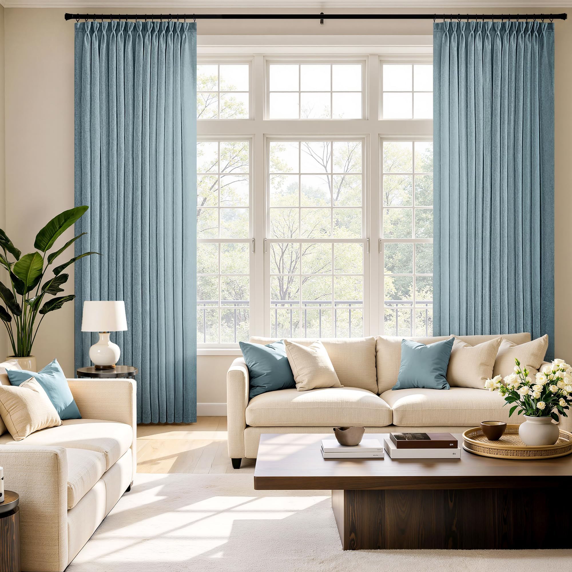 MIULEE Pinch Pleated Linen Curtains 84 Inches Long 2 Panels for Bedroom Living Room, Soft Thick Linen Textured Window Drapes Back Tab Hooks Semi Sheer Light Filtering Farmhouse，Beige