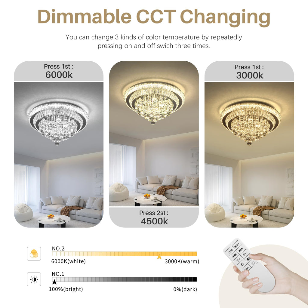 COCOSTAR 20" Gold Crystal Chandeliers, Flush Mount Chandelier LED Ceiling Light, Modern Crystal Raindrop Chandeliers for Dining Room, Living Room, Bedroom
