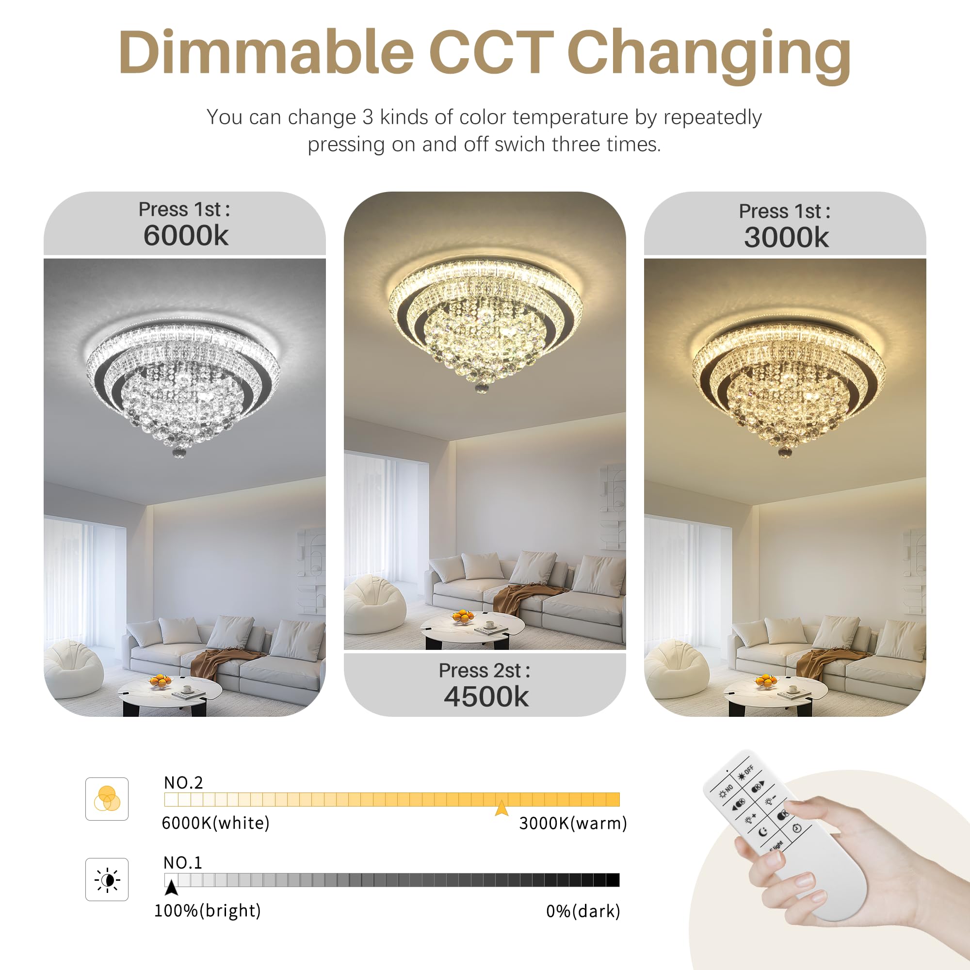 COCOSTAR 20" Gold Crystal Chandeliers, Flush Mount Chandelier LED Ceiling Light, Modern Crystal Raindrop Chandeliers for Dining Room, Living Room, Bedroom