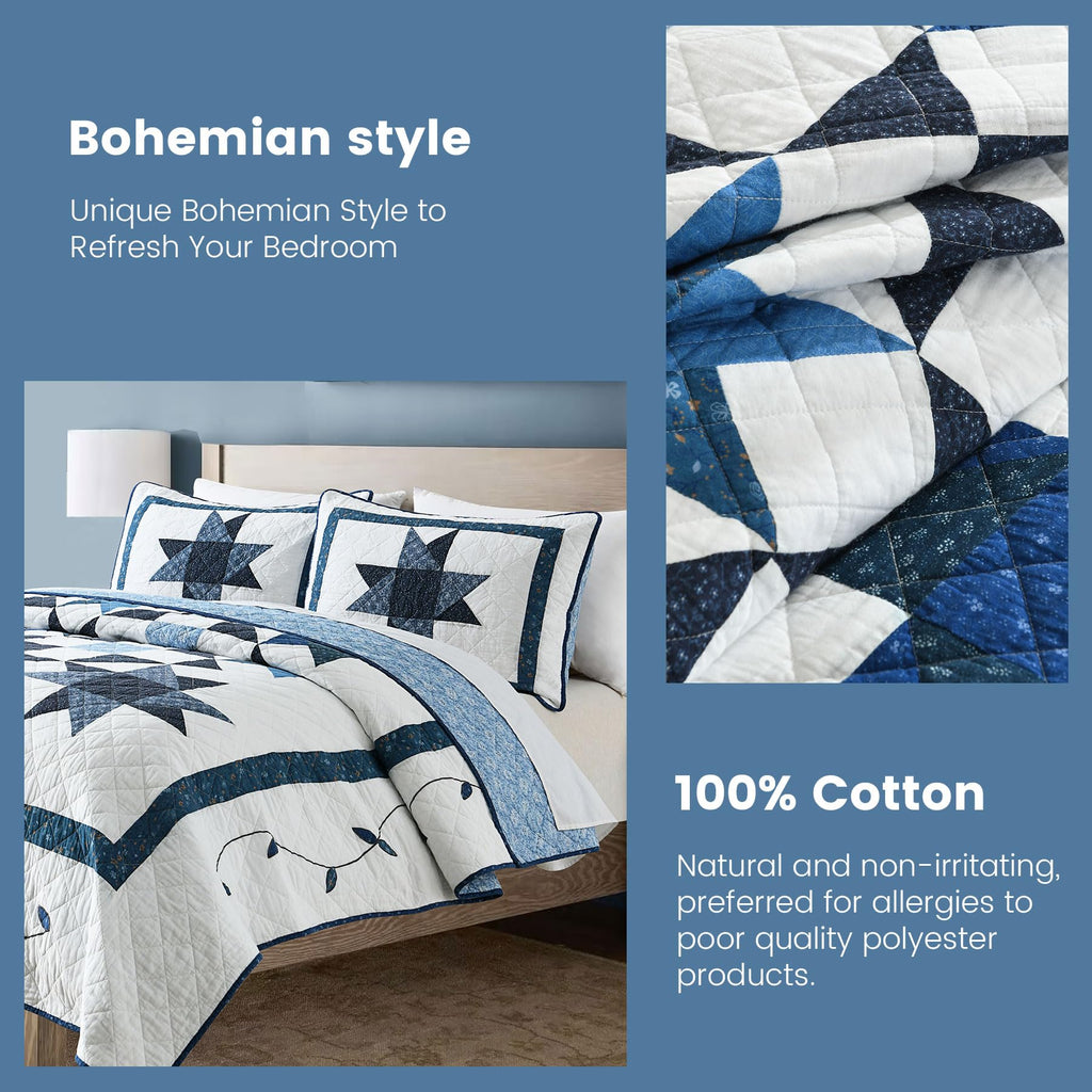 Secgo Twin Comforter Set for Bed - 100% Cotton Quilts Twin Size, Black Bedspreads with 2 Pillow Shams, Patchwork Reversible Lightweight Bedding