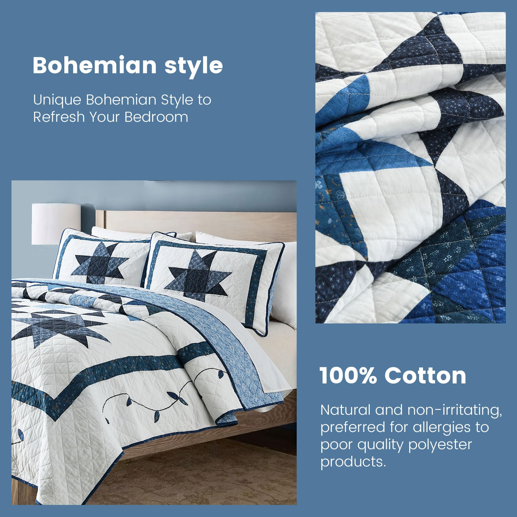 Secgo Twin Comforter Set for Bed - 100% Cotton Quilts Twin Size, Black Bedspreads with 2 Pillow Shams, Patchwork Reversible Lightweight Bedding
