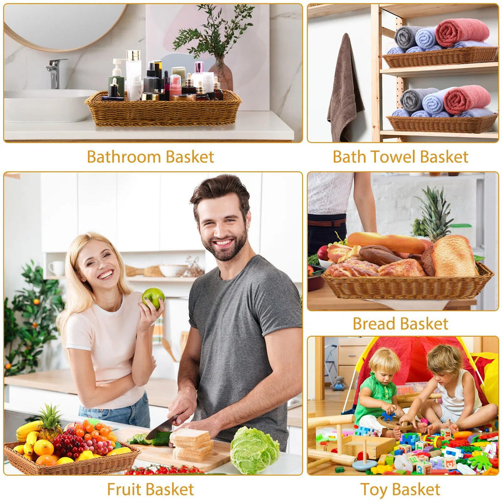 Eccliy 6 Pack Wicker Bread Baskets 15.8 Inch Woven Serving Basket for Gifts, Poly Wicker Storage Rectangle Rattan Display Trays for Bread Food Vegetables Fruit Snacks Tabletop Restaurant Home