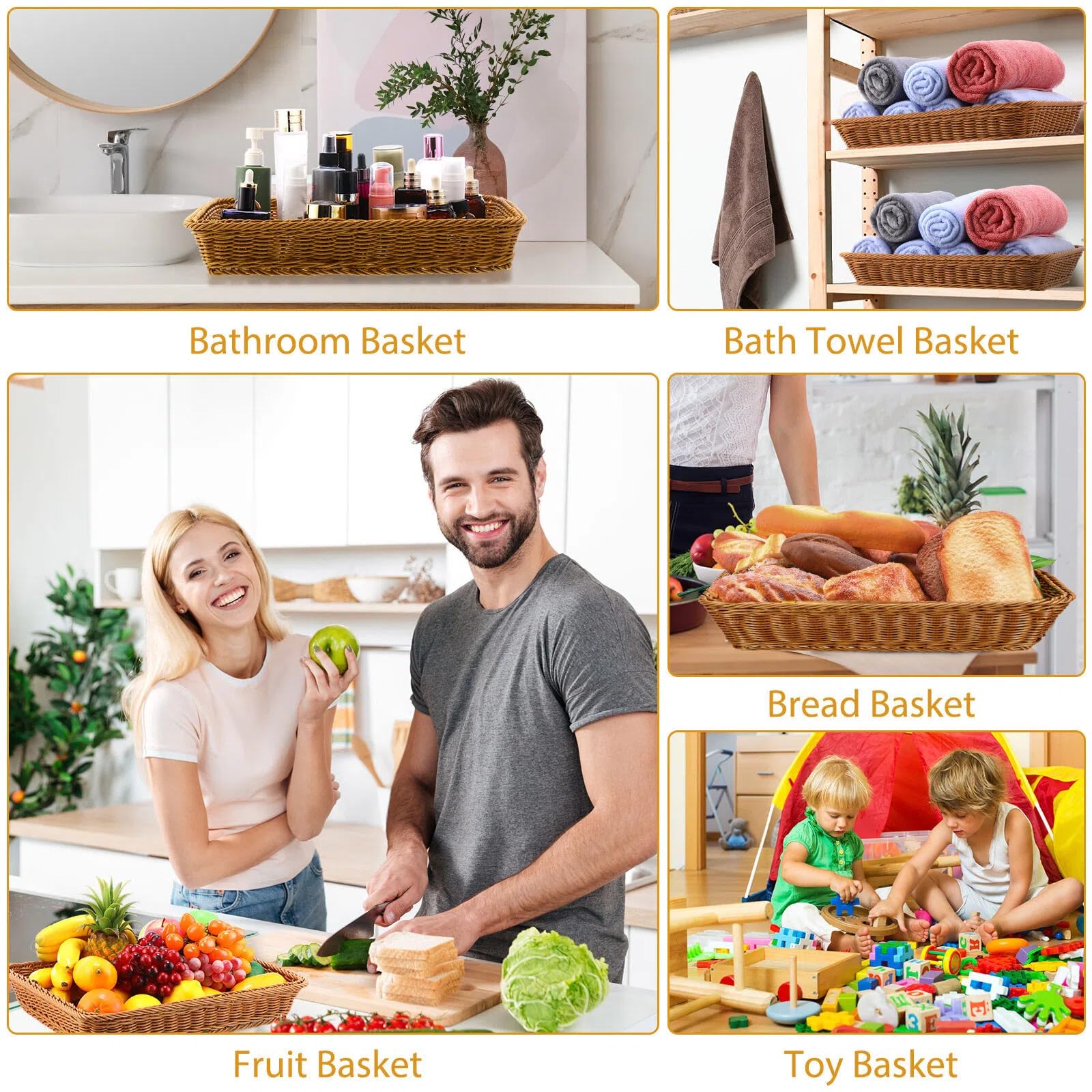 Eccliy 6 Pack Wicker Bread Baskets 15.8 Inch Woven Serving Basket for Gifts, Poly Wicker Storage Rectangle Rattan Display Trays for Bread Food Vegetables Fruit Snacks Tabletop Restaurant Home