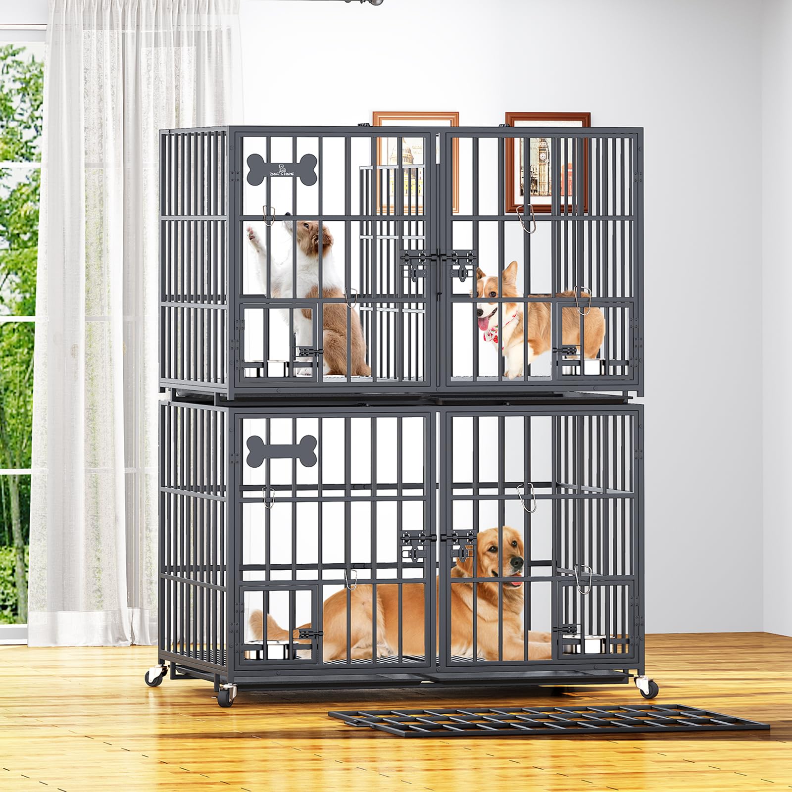 Dosker 42 inch Heavy Duty Metal Dog Crate with Divider for 2 Dogs/Large Dog, All Metal Open Top Escape Proof Cage, Indoor Dog Kennel with Wheels, Floor Grid, Tray, Feeding Bowl