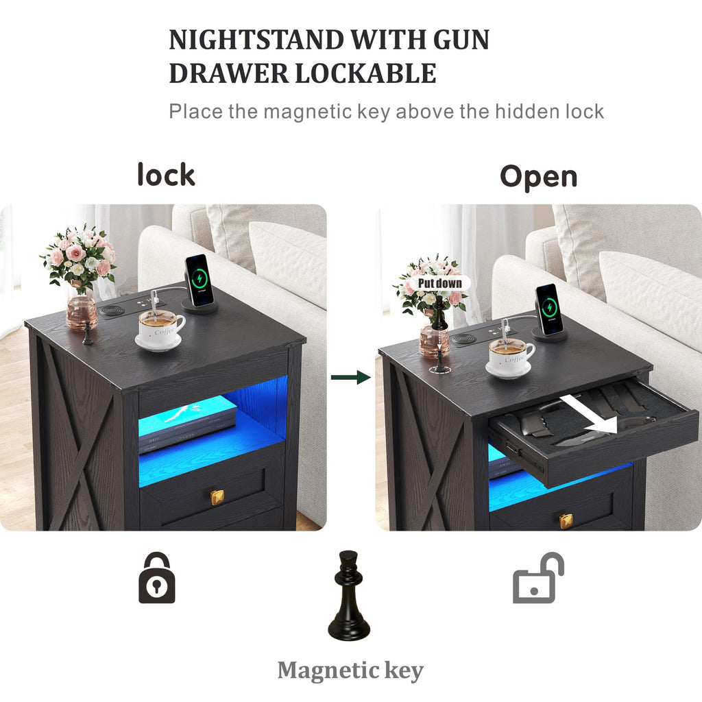 TAGELIER Farmhous Nightstand with Gun Drawer,Bedside Table with Charging Station, Gun Night Stand with LED Light & Human Sensor,Smart End Table for Bedroom, Black