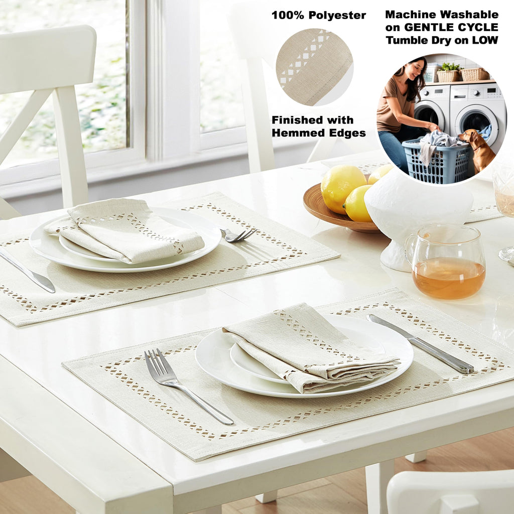 Newbridge Rectangle Fabric Placemats, Set of 4 Placemats, Provence Lattice Cutwork Solid Color Textured, Water and Stain Resistant Easy Care, Denim Blue