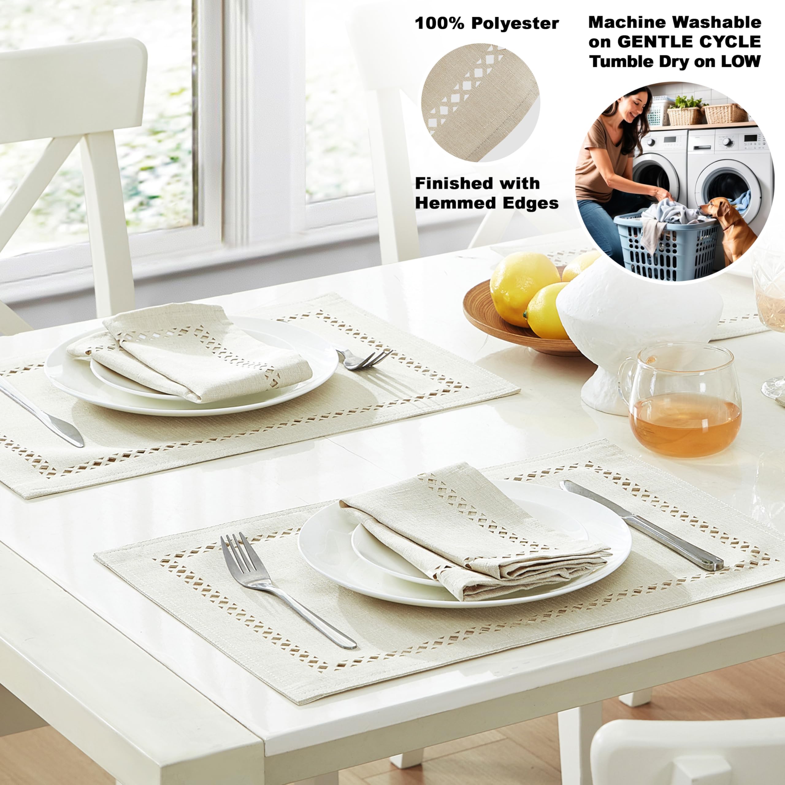 Newbridge Rectangle Fabric Placemats, Set of 4 Placemats, Provence Lattice Cutwork Solid Color Textured, Water and Stain Resistant Easy Care, Denim Blue