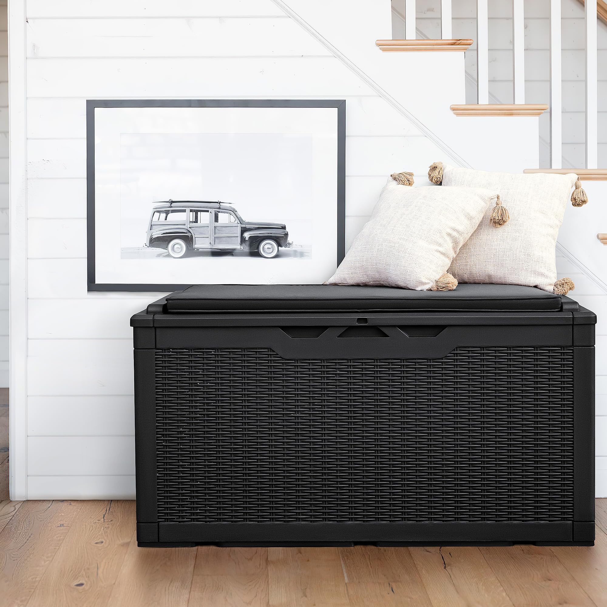 Flamaker Deck Box 30 Gallon, Waterproof Resin Small Storage Box with Lid, Outdoor Patio Furniture Cushion Garden Tool Organizer, Lockable Package Delivery Box for Porch Balcony (Black)