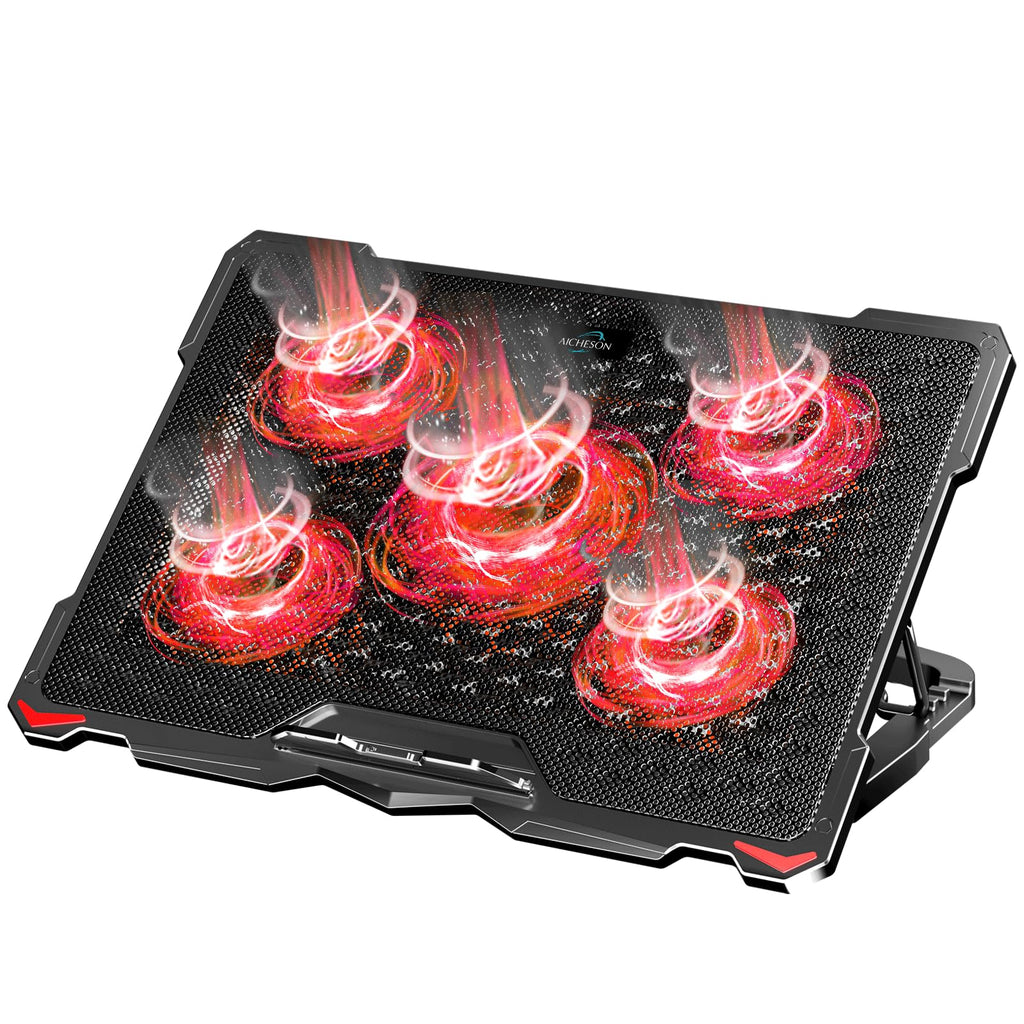 AICHESON Laptop Cooling Pad 5 Fans Up to 17.3 Inch Heavy Notebook Cooler, Blue LED Lights, 2 USB Ports, S035, Blue-5fans