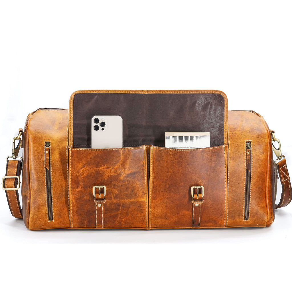 KomalC Leather Duffle Bags for Men and Women Travel Overnight Weekend sports bag holdall Gym Duffel for Men (Dark Tan, 20 Inch)