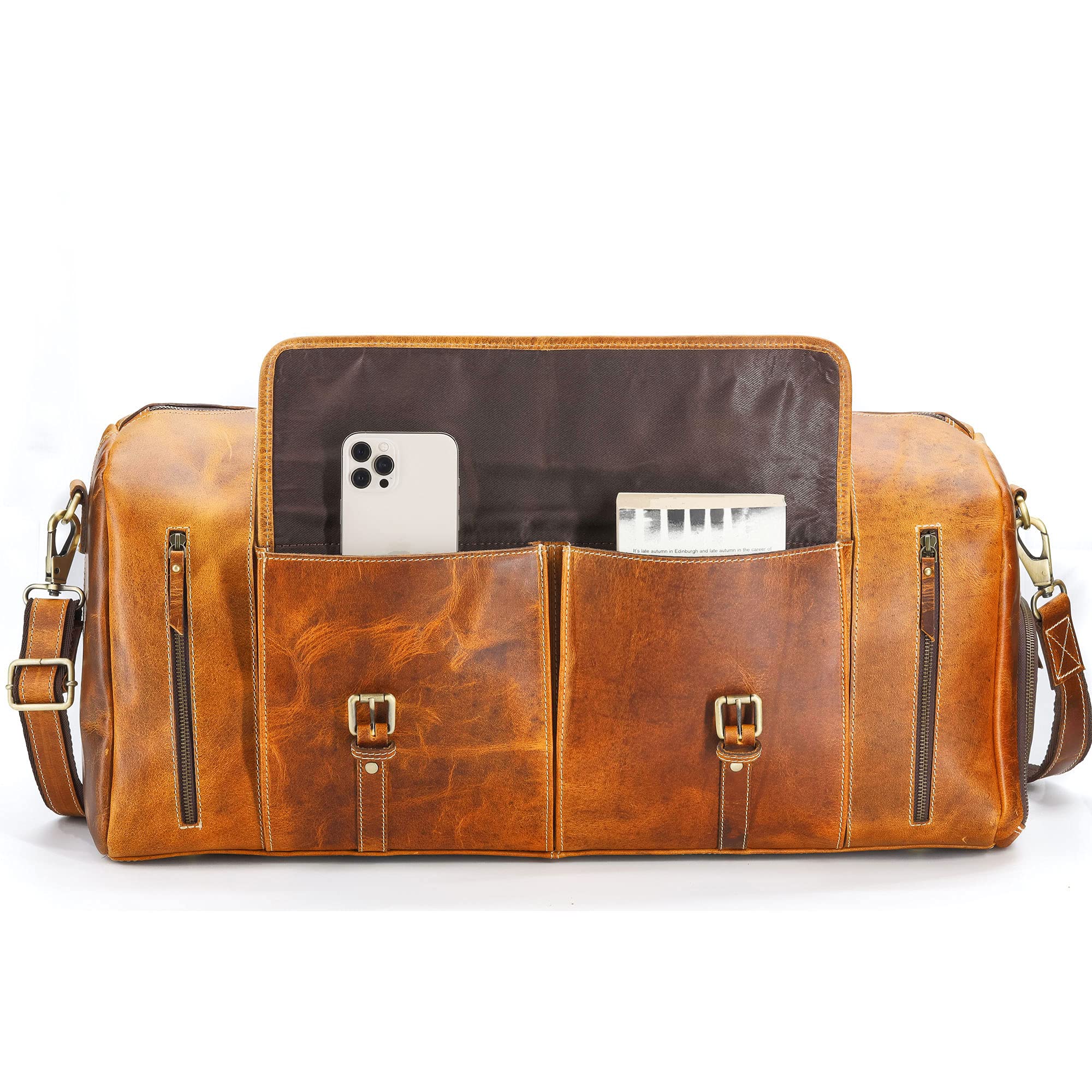 KomalC Leather Duffle Bags for Men and Women Travel Overnight Weekend sports bag holdall Gym Duffel for Men (Dark Tan, 20 Inch)
