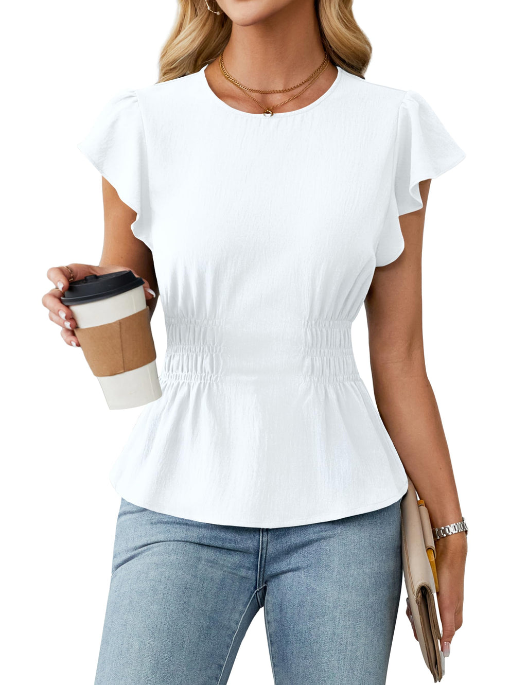Blooming Jelly Women's Dressy Casual Blouses Business Ruffle Short Sleeve Tops Summer Crew Neck Smocked Shirts