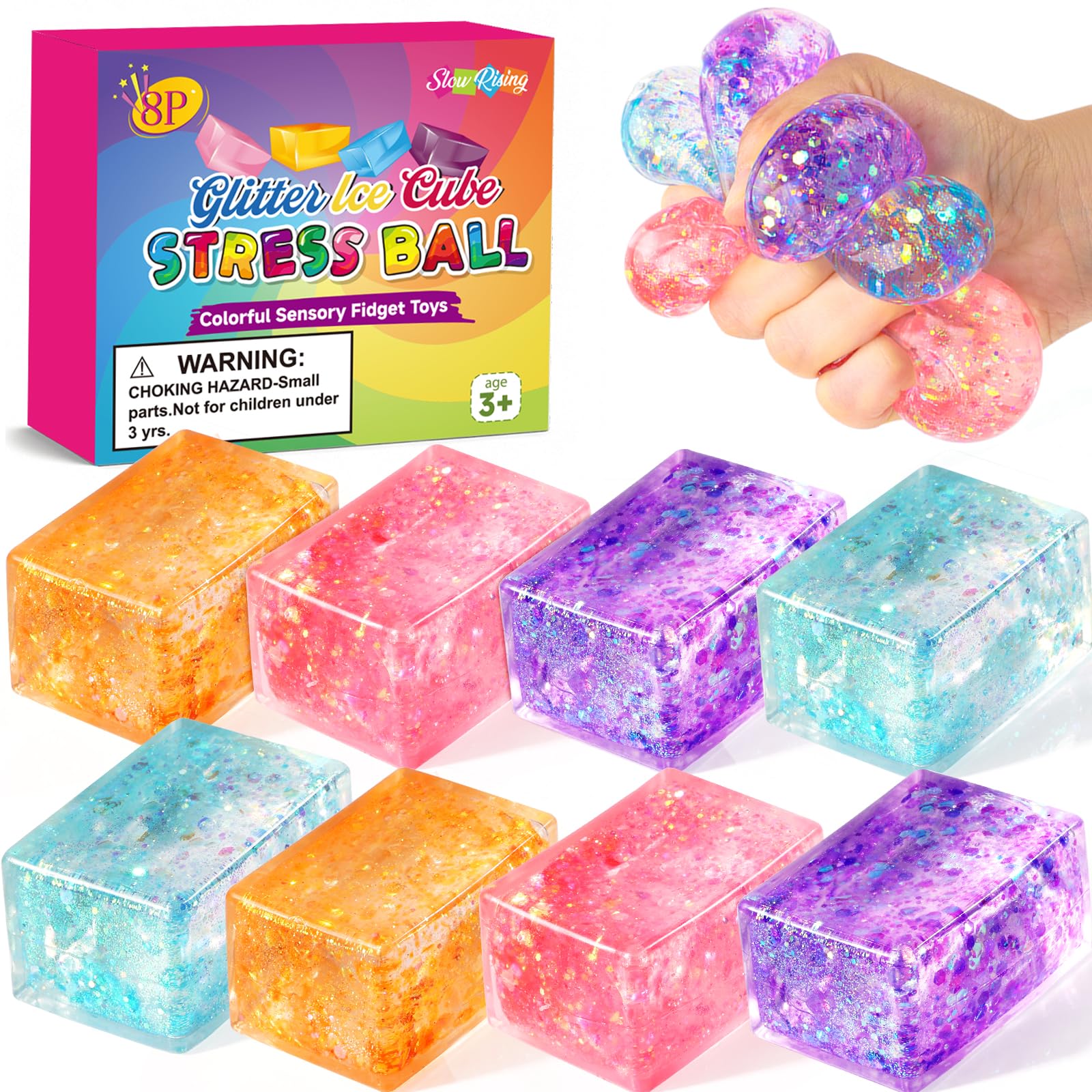 24 Pack Slow Rising Ice Cube Squishy Stress Balls，Stress Cube for Adults Kids , Bulk Taba Squish Fidget Toys, Square Squeeze Toy for Classroom Prizes, Mini Nice Cube Squishy for Party Favors