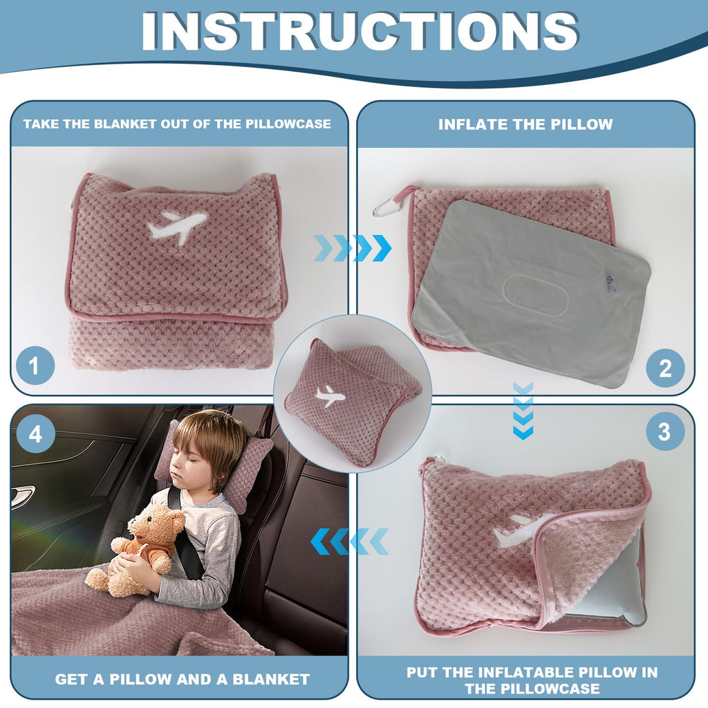Travel Blanket Airplane Compact with Bag, Travel Essentials 3 in 1 Packable Airplane Blanket, Travel Pillow and Blanket Set, Inflatable Pillow, Luggage Sleeve & Backpack Clip (Camel)