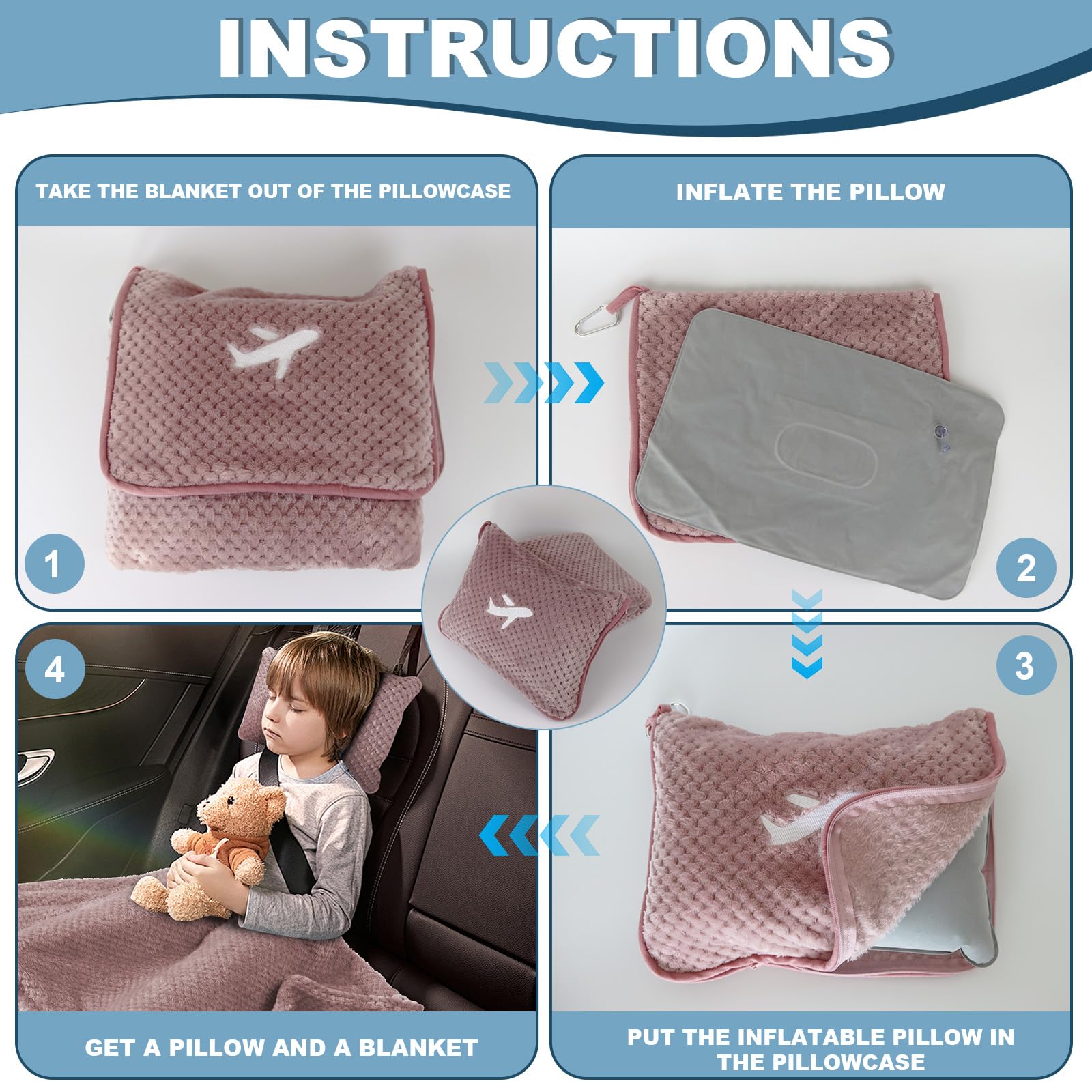 Travel Blanket Airplane Compact with Bag, Travel Essentials 3 in 1 Packable Airplane Blanket, Travel Pillow and Blanket Set, Inflatable Pillow, Luggage Sleeve & Backpack Clip (Camel)