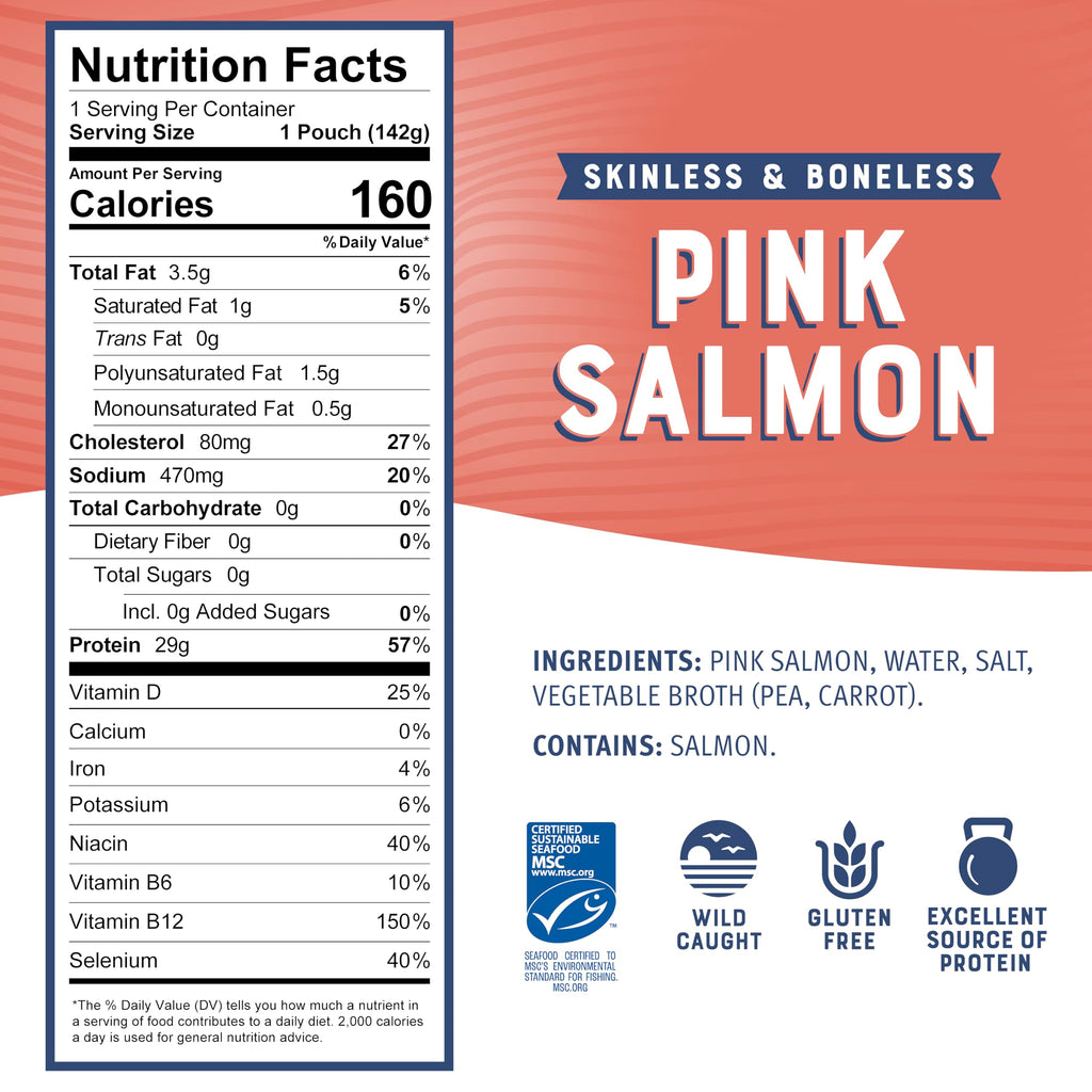 Bumble Bee Skinless & Boneless Pink Salmon, 5 oz Pouch - Premium Wild Caught Salmon for Snacks, Sandwiches & Recipes - 29g Protein per Serving - Gluten Free, Kosher, MSC Certified