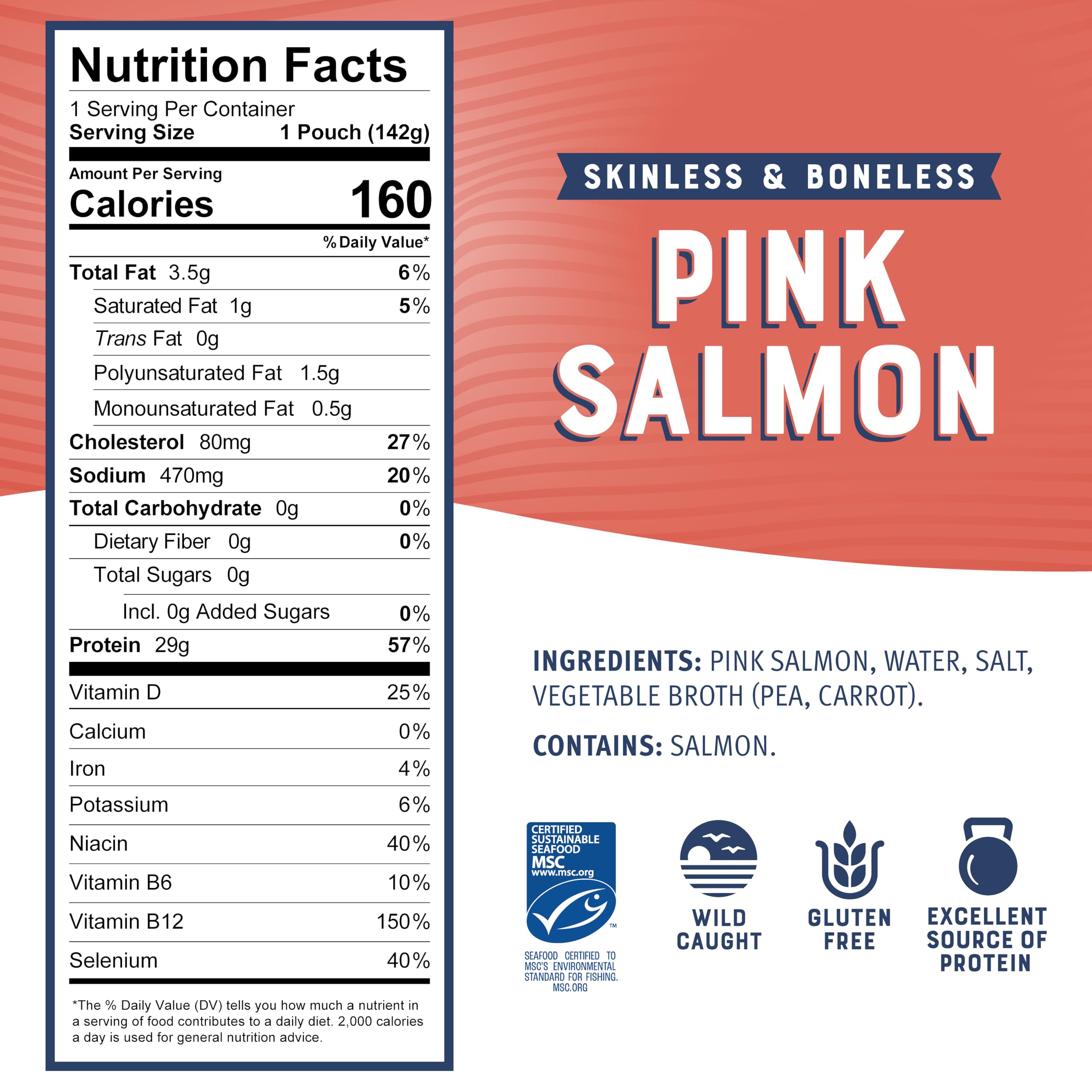 Bumble Bee Skinless & Boneless Pink Salmon, 5 oz Pouch - Premium Wild Caught Salmon for Snacks, Sandwiches & Recipes - 29g Protein per Serving - Gluten Free, Kosher, MSC Certified