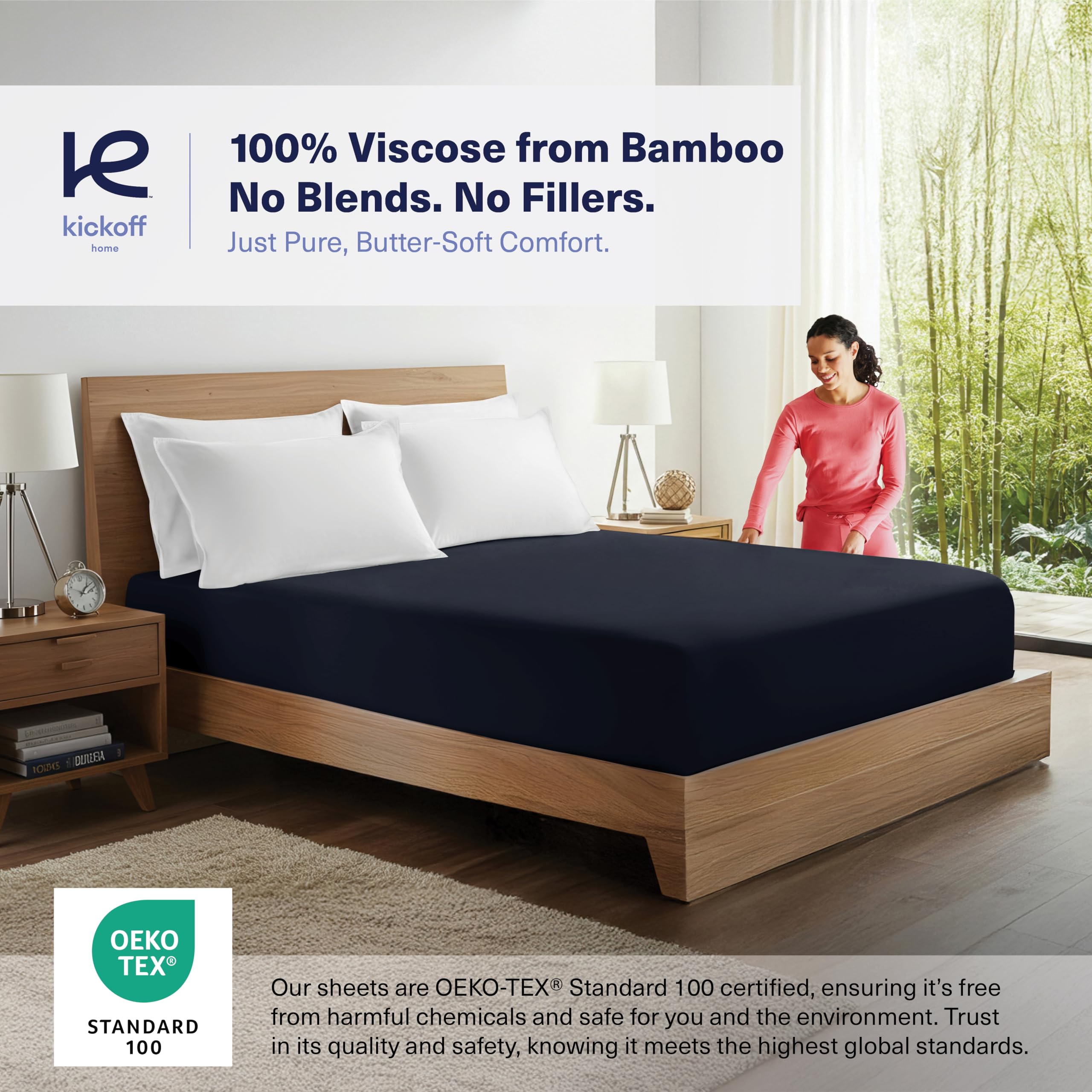 Kickoff Viscose Bamboo Fitted Sheet Twin Size, 100% Organic Cooling Sheets Fitted ONLY Viscose Bamboo Sheets Twin Size Bed Sheet for Hot Sleepers, Extra Deep Pocket, 4 Corner Strap (T, Onyx Black)