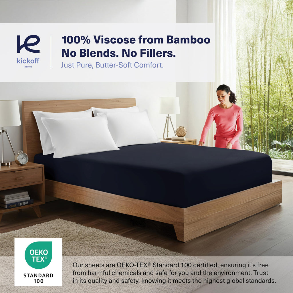 Kickoff Viscose Bamboo Fitted Sheet Twin Size, 100% Organic Cooling Sheets Fitted ONLY Viscose Bamboo Sheets Twin Size Bed Sheet for Hot Sleepers, Extra Deep Pocket, 4 Corner Strap (T, Onyx Black)