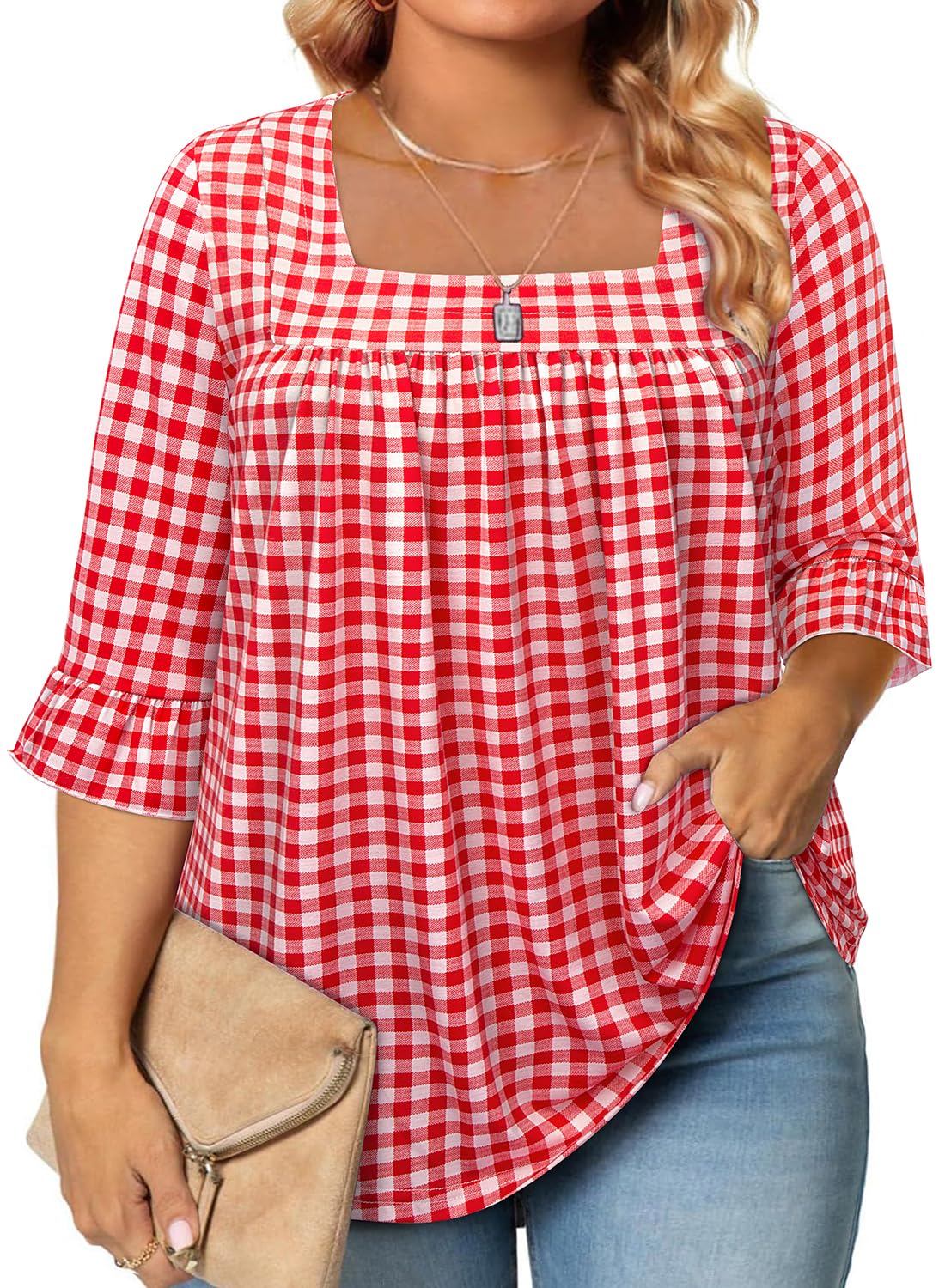 Siddhe Womens Plus Size Tops Loose Fit 3/4 Ruffle Sleeve Blouses Square Neck T Shirt Casual Tunic Tops(1X-5X)