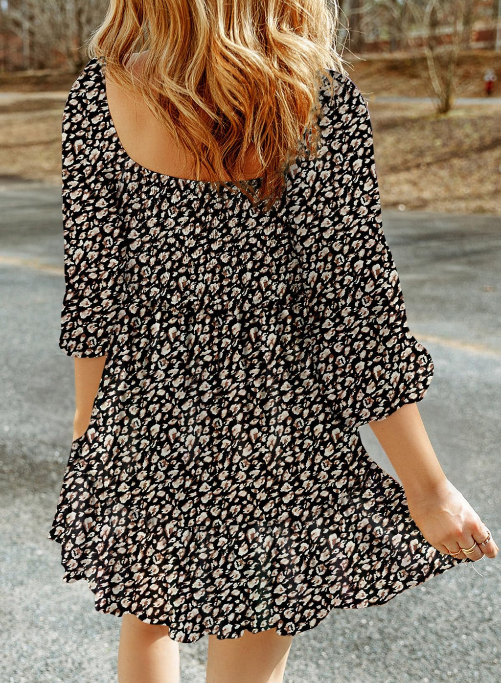 Dokotoo Fall Dresses for Women 2025 Boho Floral Square Neck Smocked 3/4 Sleeve Casual A-Line Swing Mini Dress Sundress