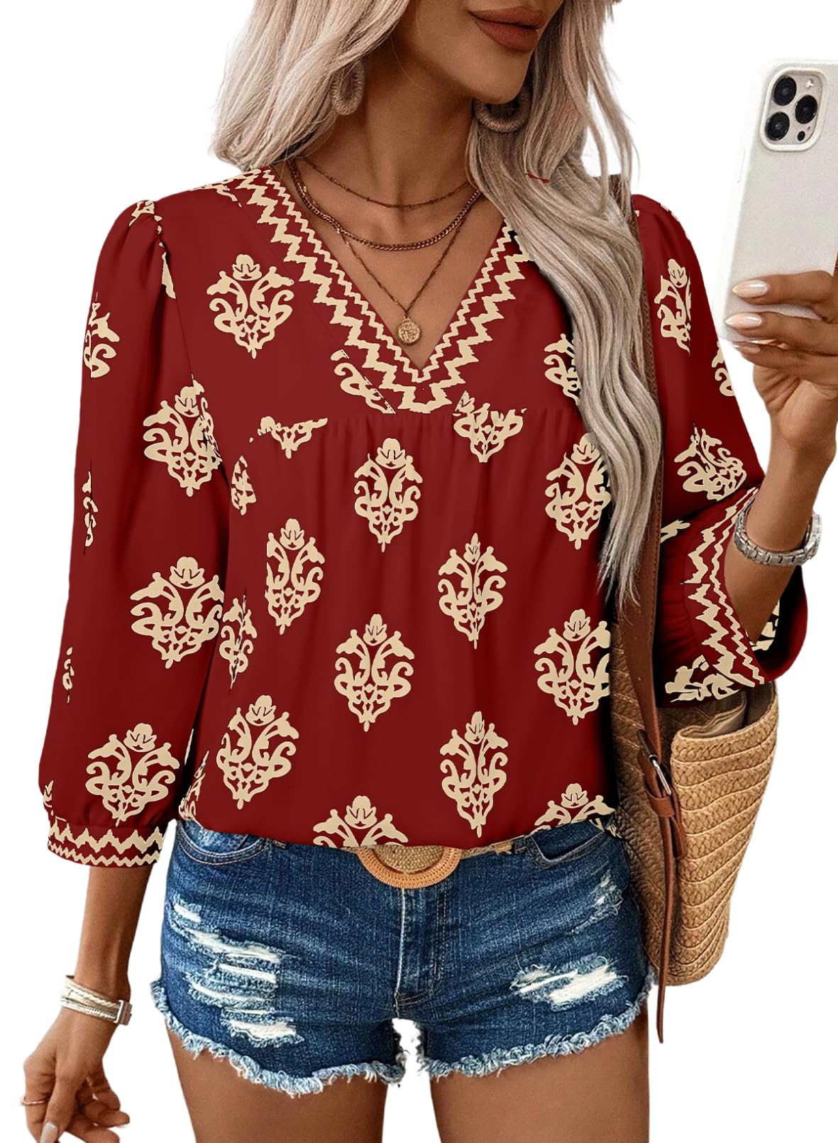 SHEWIN Women's Casual V Neck Floral Print Chiffon Blouses 3/4 Sleeve Boho Summer Tops Shirts