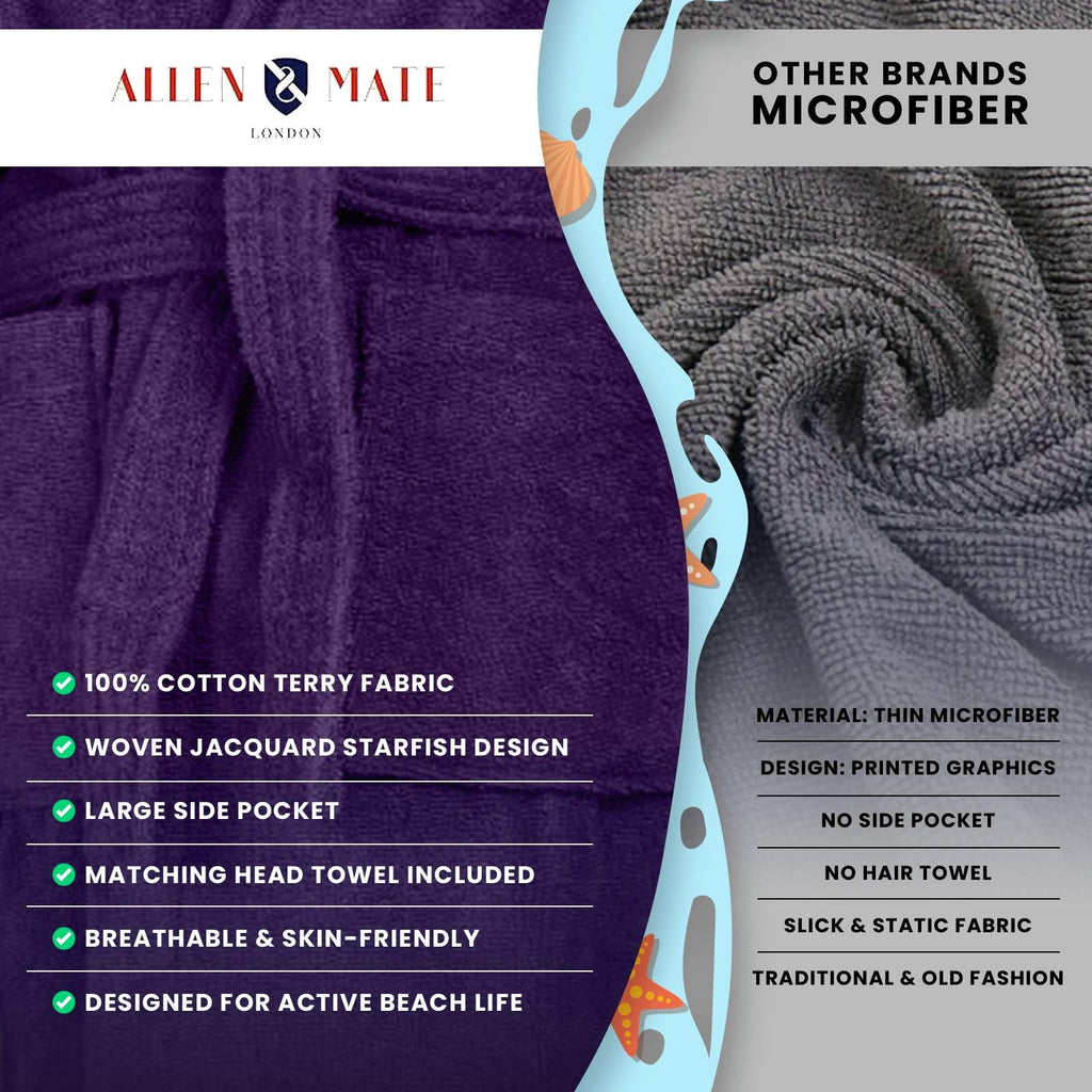 ALLEN & MATE 100% COTTON Hooded Kids Bathrobe – Soft, Medium Weight Absorbent Bath Towel Robe for Boys & Girls, 6-15 Years