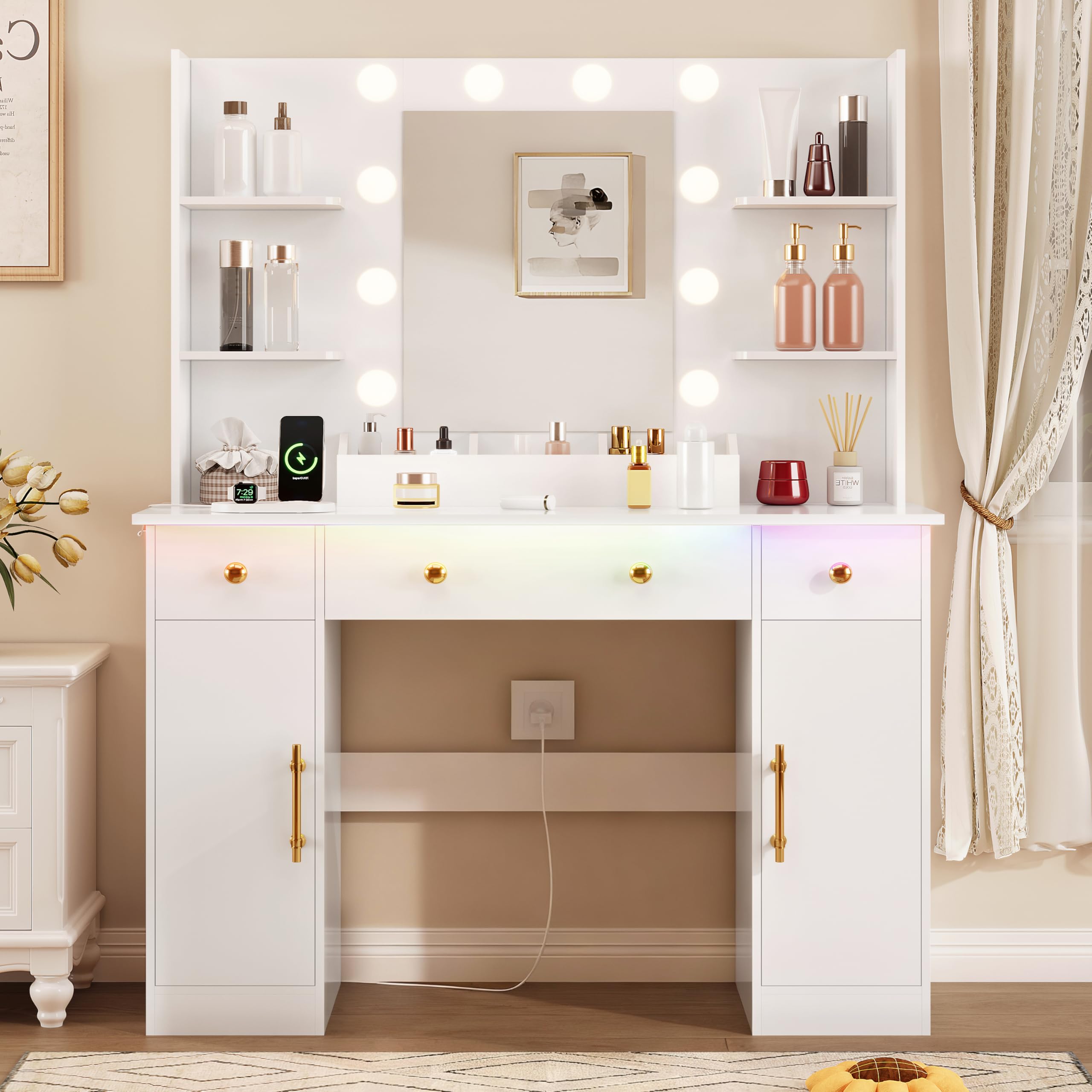 HUANLEGO Vanity Desk with Mirror and Lights, Makeup Vanity with Mirror and LED Lights & Power Outlet, 3 Drawers and Cabinets, 3 Lighting Modes Dressing Table Set for Girls Women Bedroom,Oak