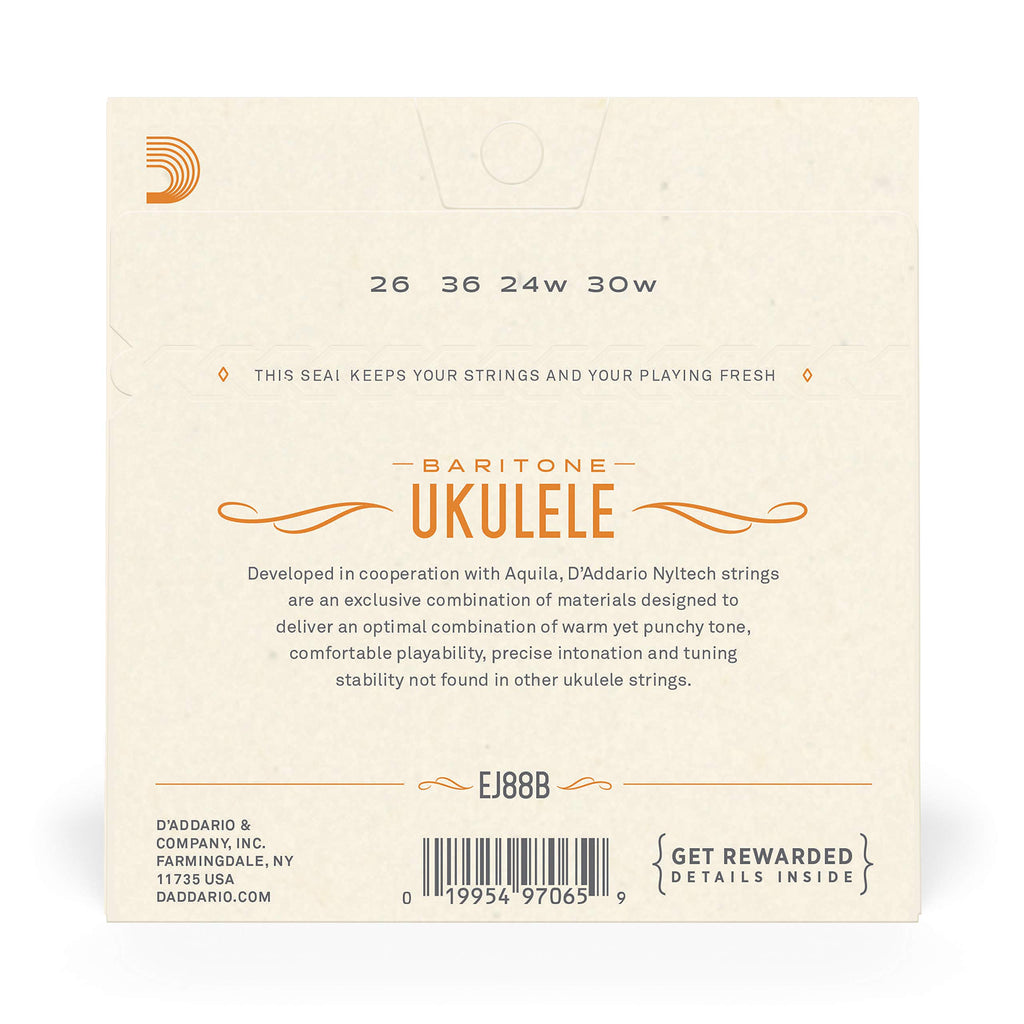 D'Addario Baritone Ukulele Strings, Fluorocarbon, EJ99B, 4-String Set, Pack of 1