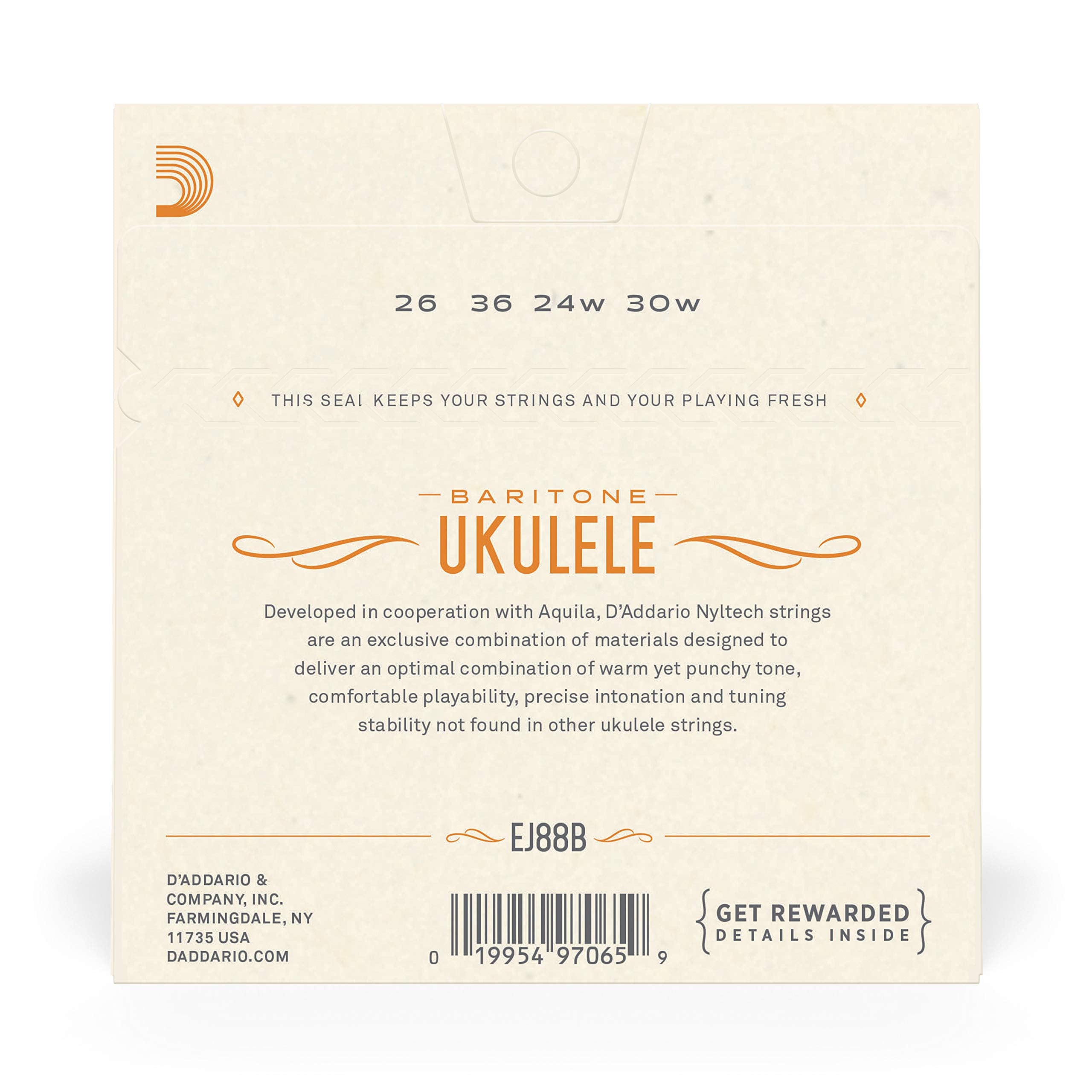 D'Addario Baritone Ukulele Strings, Fluorocarbon, EJ99B, 4-String Set, Pack of 1