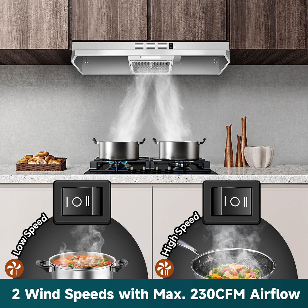 SNDOAS Black Range Hood 24 inch,Ducted/Ductless Range Hood Under Cabinet,Black Coating Stainless Kitchen Exhaust Hood with 2-speed Fan,230 CFM,Rocker Switch,Hard-wired Stove Vent, Ventless Hood
