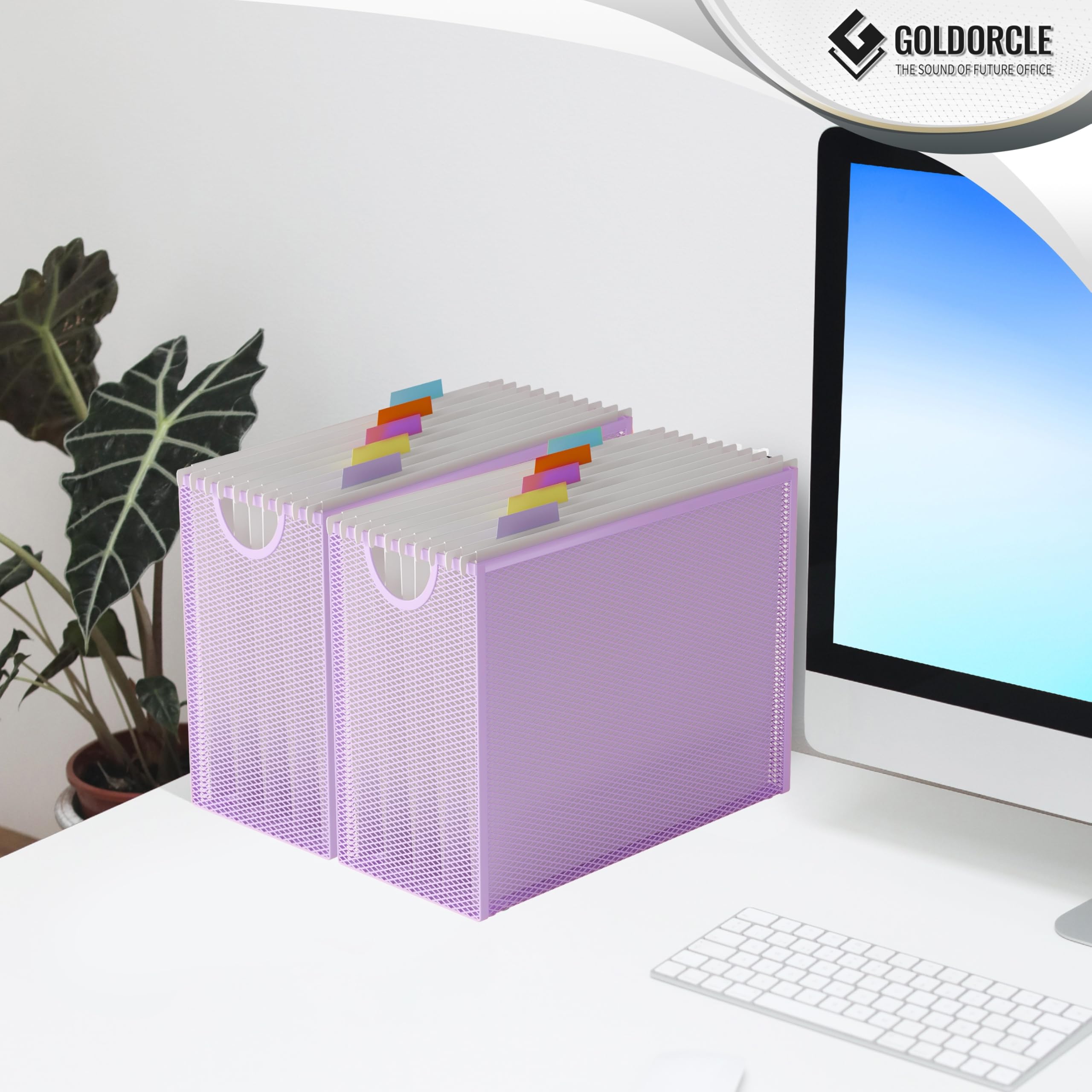 Hanging File Organizer, Letter-Size File Holder Filing Box with 5 Hanging Folders, Metal Mesh Desk File Folder Storage(No Assembly Required) (Blue, with 5 Grey Folders)