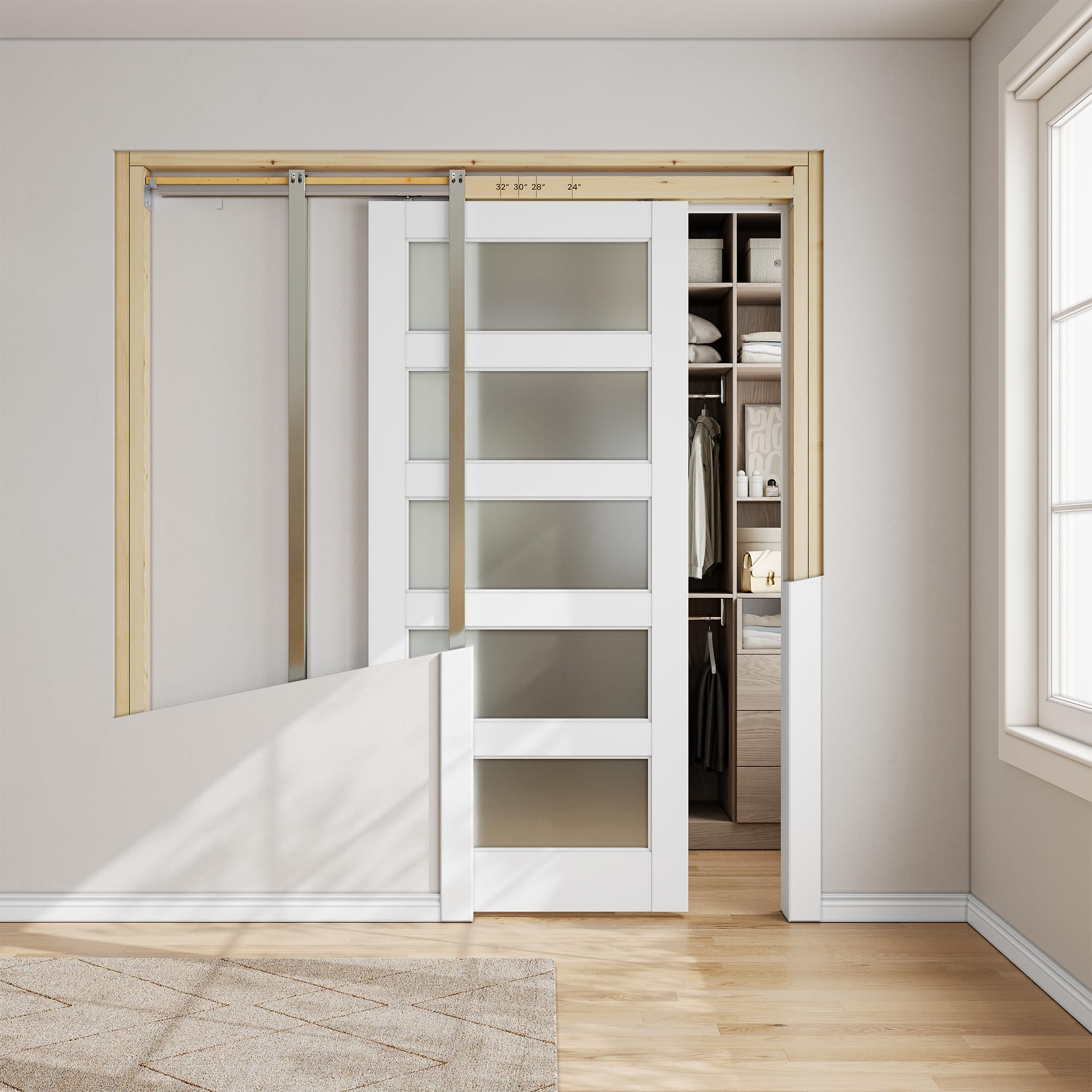 Sliding Pocket Door 24" x 80", 5-Panel Frosted Glass Panel with Soft Close Pocket Door Frame Kit, Interior & Closet Pre-Assembled Door Slab, White Primed