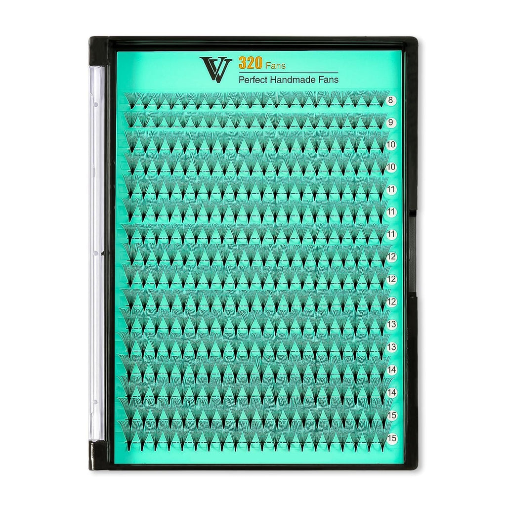 VAVALASH Premade Fans Eyelash Extensions 320 Fans 10D 14D 16D 20D 0.03 0.05 0.07 Thickness C/D Curl Middle Stem Premade Fans Russian Volume Lash Extensions (320 Fans-10D-0.03-D-8-15mm)