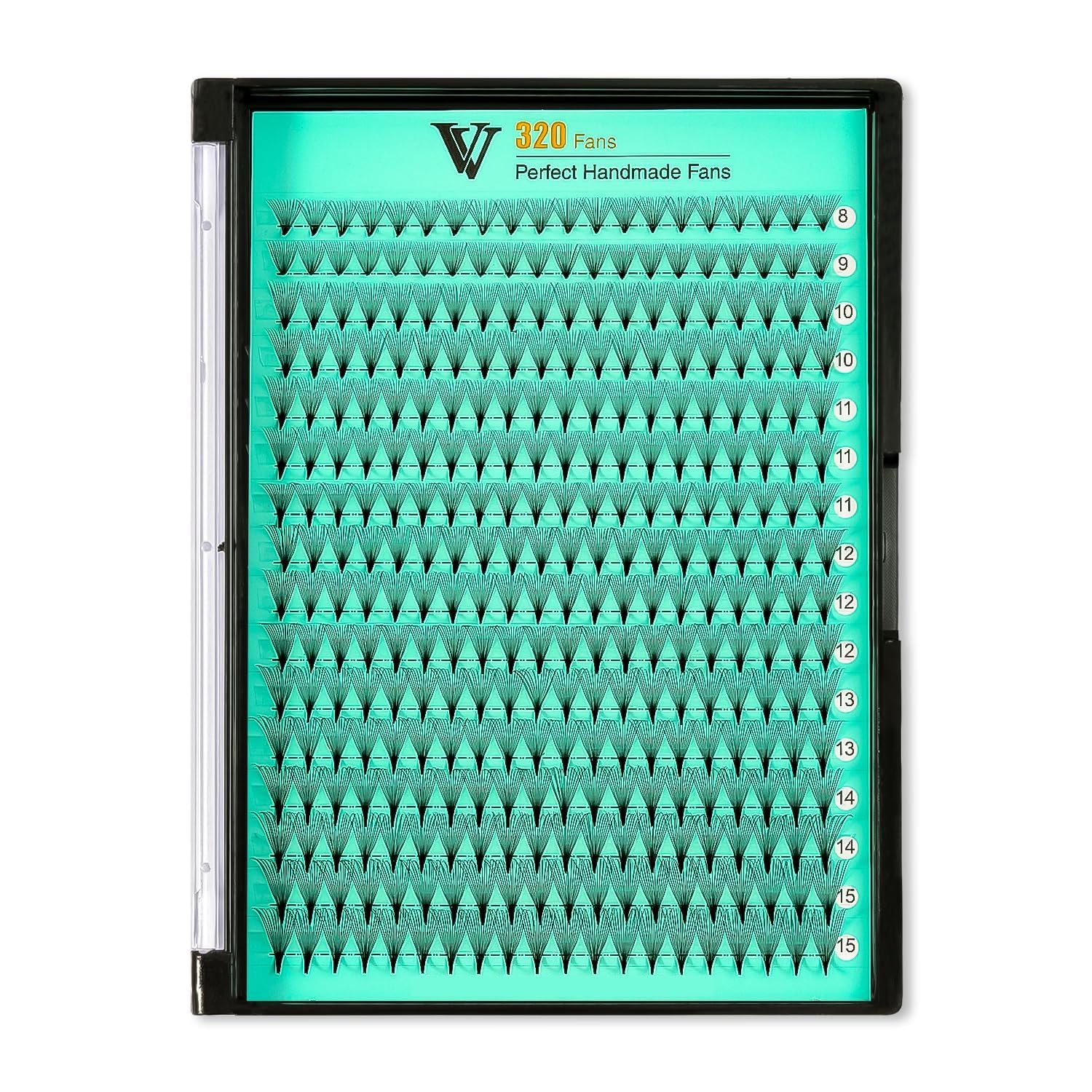 VAVALASH Premade Fans Eyelash Extensions 320 Fans 10D 14D 16D 20D 0.03 0.05 0.07 Thickness C/D Curl Middle Stem Premade Fans Russian Volume Lash Extensions (320 Fans-10D-0.03-D-8-15mm)