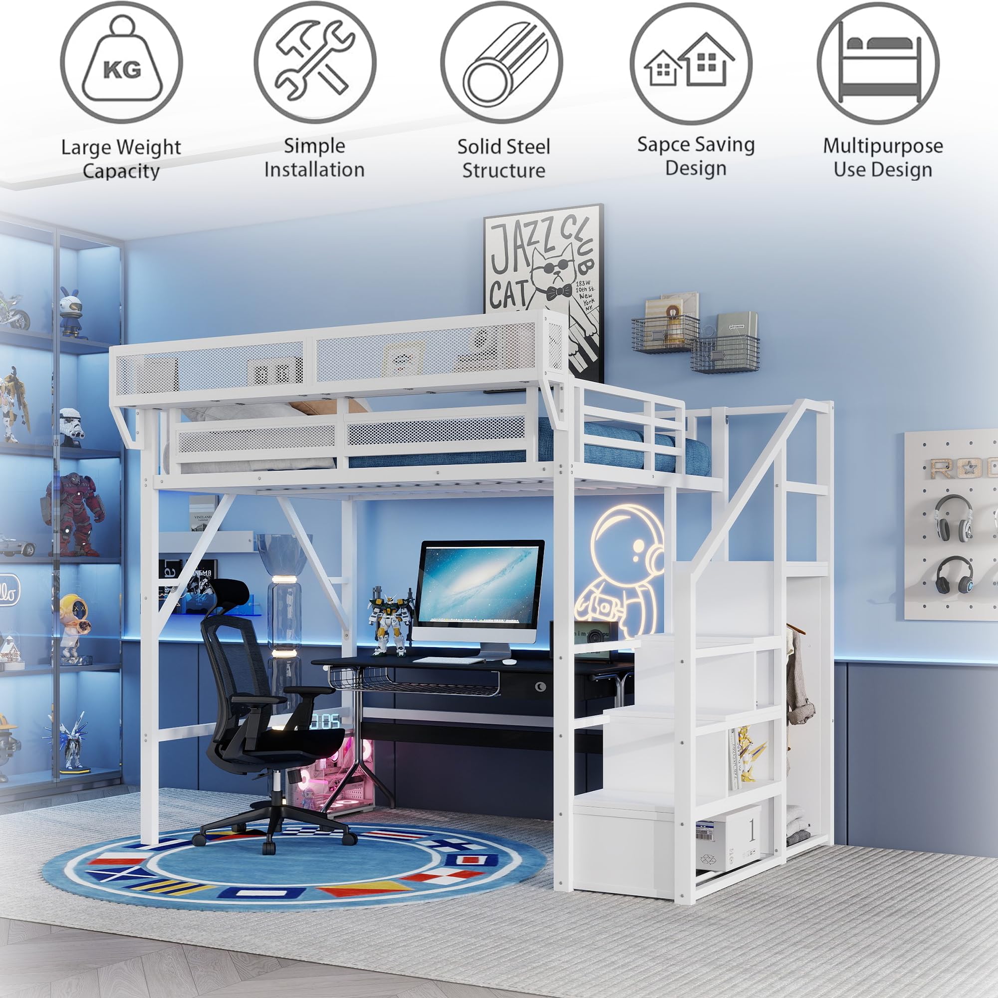 Mirightone Full Size Loft Bed with Stairs, Metal Loft Beds, High Loft Bed Frame with Storage Shelves, Lofted Full Bed with Wardrobe for Kids and Teens, No Box Spring Needed (Black)