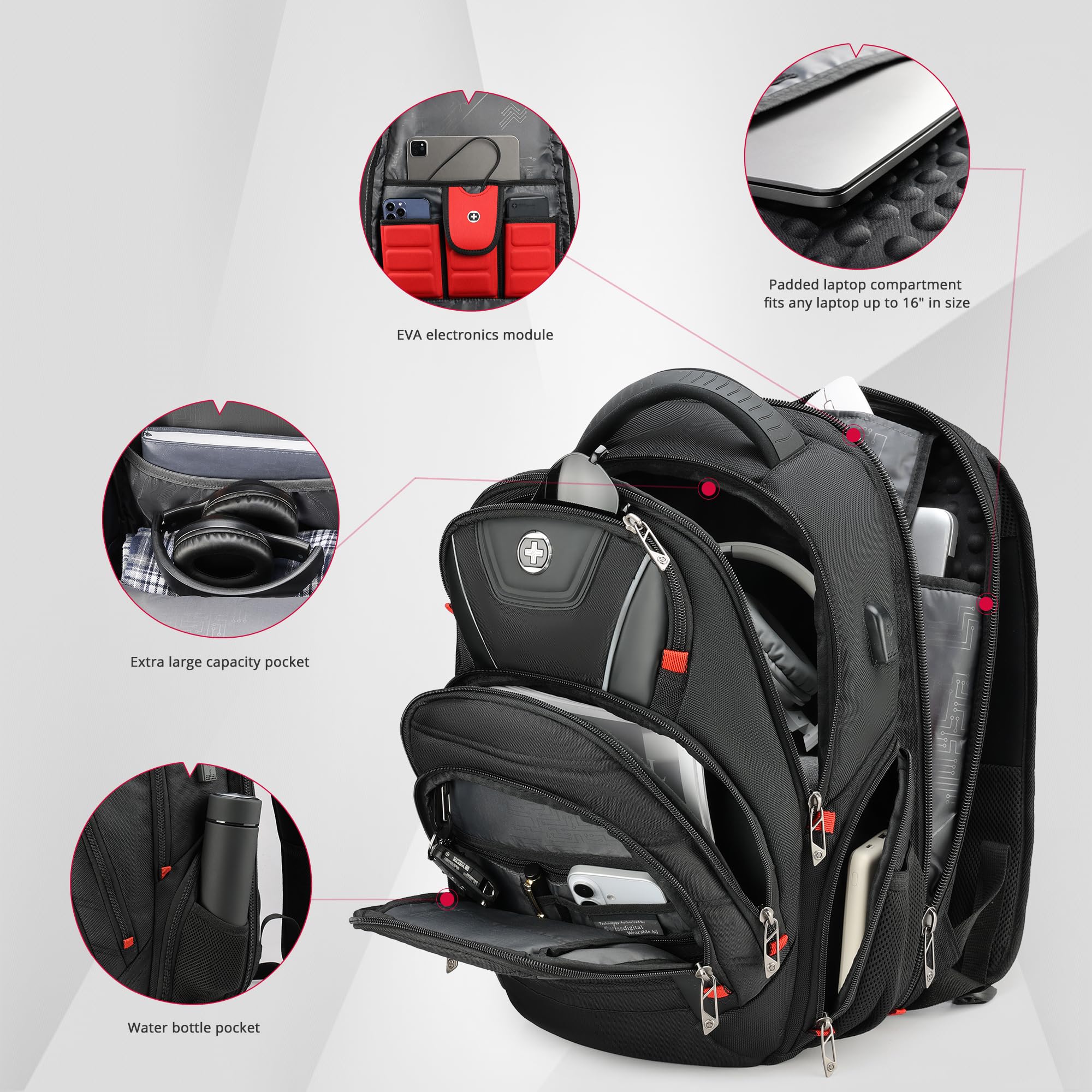 Swissdigital Design Travel Backpack for Women or Men, TSA Friendly USB Charging RFID Protection Business Carry on Bag Fits 15.6" Laptop Backpack Black | J14-BR
