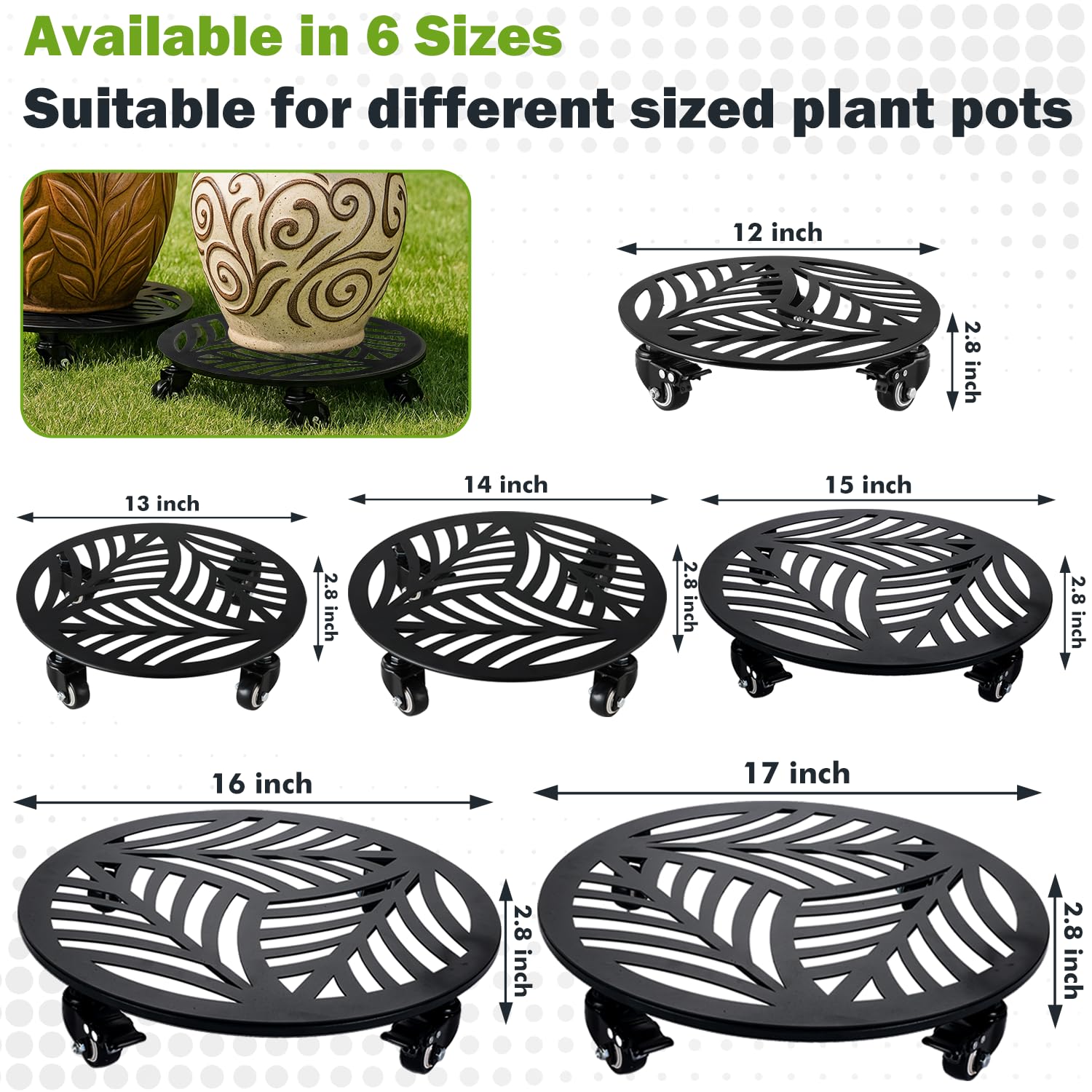 1 Pack 12 inches Large Metal Plant Caddy with 3 PU Metal Wheels Rolling Plant Stand with Casters Indoor Outdoor Wheeled Planter Roller Base Pot Movers Plant Dolly Coaster Trolley Black