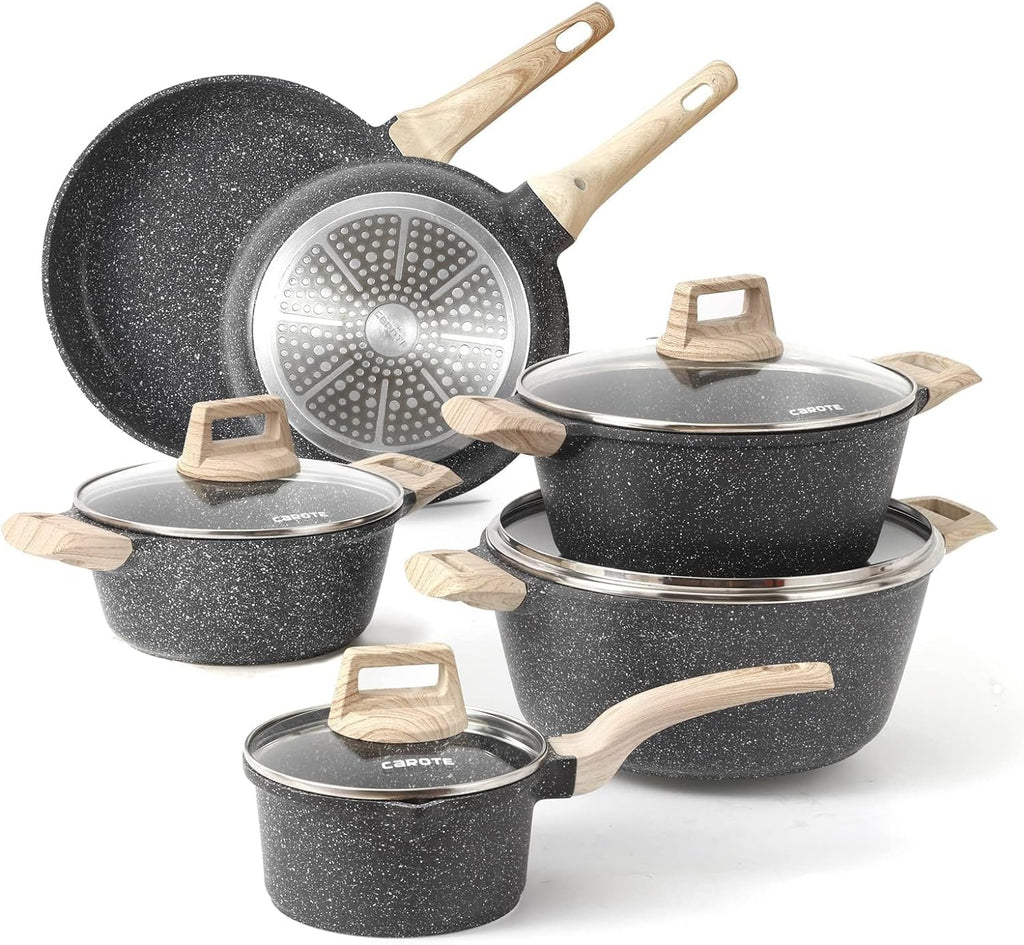 CAROTE 21pcs Pots and Pans Set Nonstick, Cookware Set Black Induction Kitchen Cooking Set w/Frying Pans & Saucepans(PFOS, PFOA Free)
