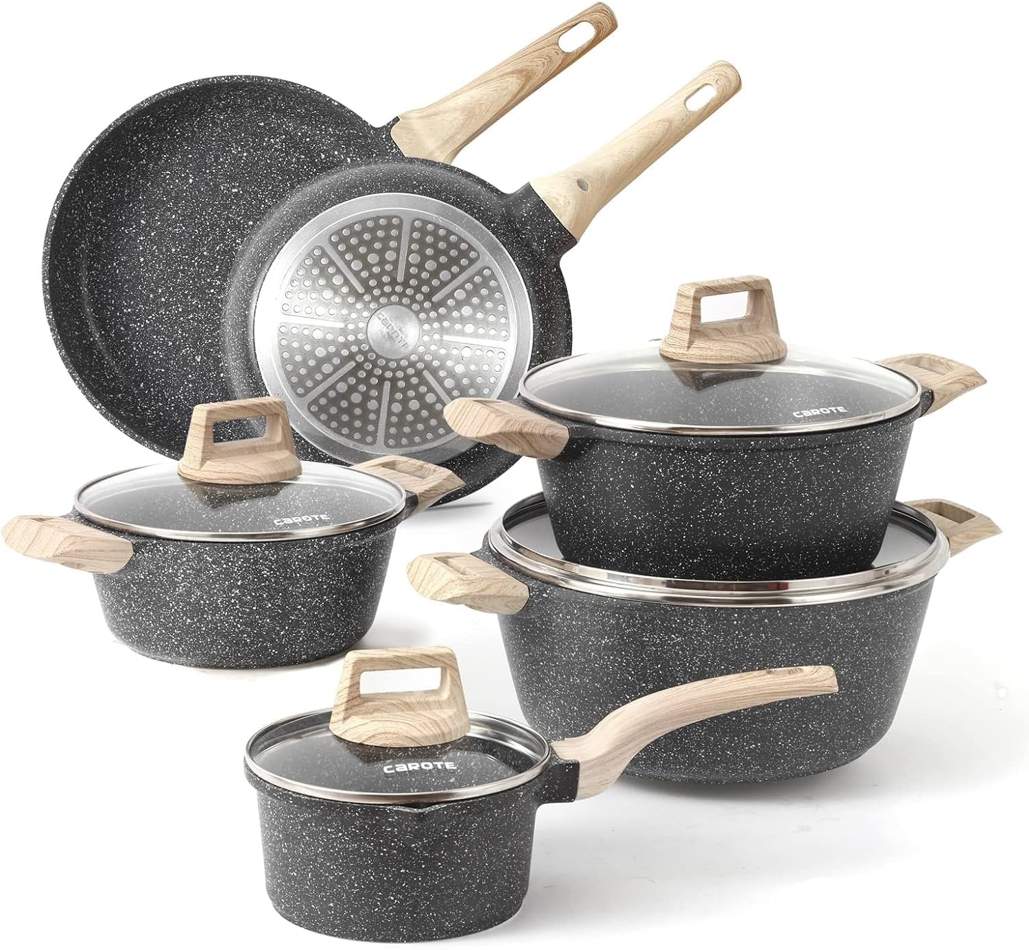 CAROTE 21pcs Pots and Pans Set Nonstick, Cookware Set Black Induction Kitchen Cooking Set w/Frying Pans & Saucepans(PFOS, PFOA Free)