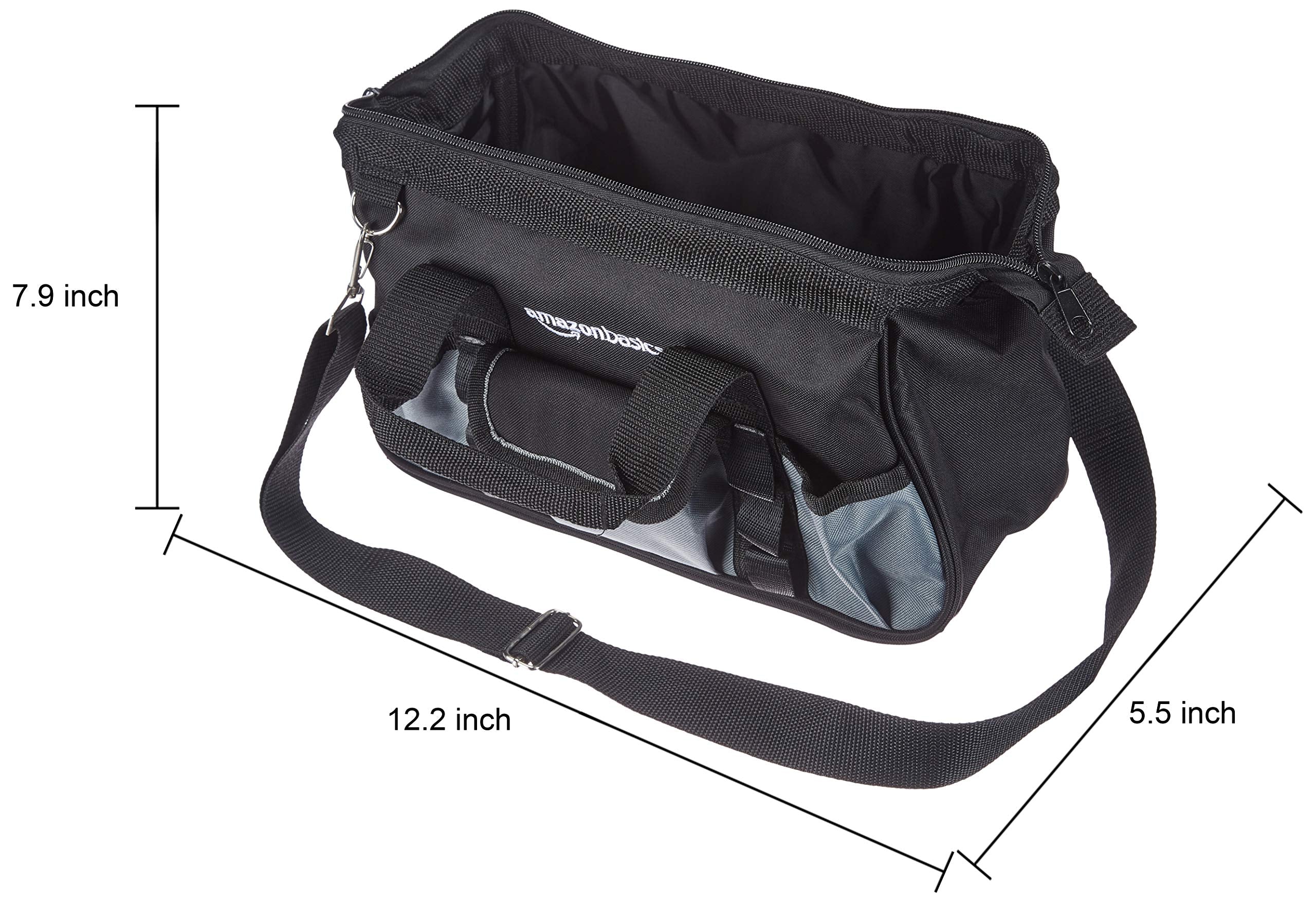 Amazon Basics Durable Wear-Resistant Tool Storage Bag with Adjustable Shoulder Strap, Portable Tool Organizer, 16 Pockets, 12 in, Black & Gray