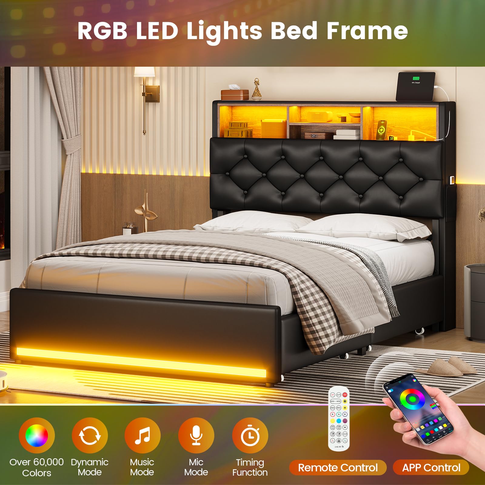 BTHFST Twin Bed Frames with Headboard & 4 Drawers, LED Bed Frame Twin with Charging Station, Upholstered and Metal Twin Bed with Storage, No Box Spring Needed, Black PU