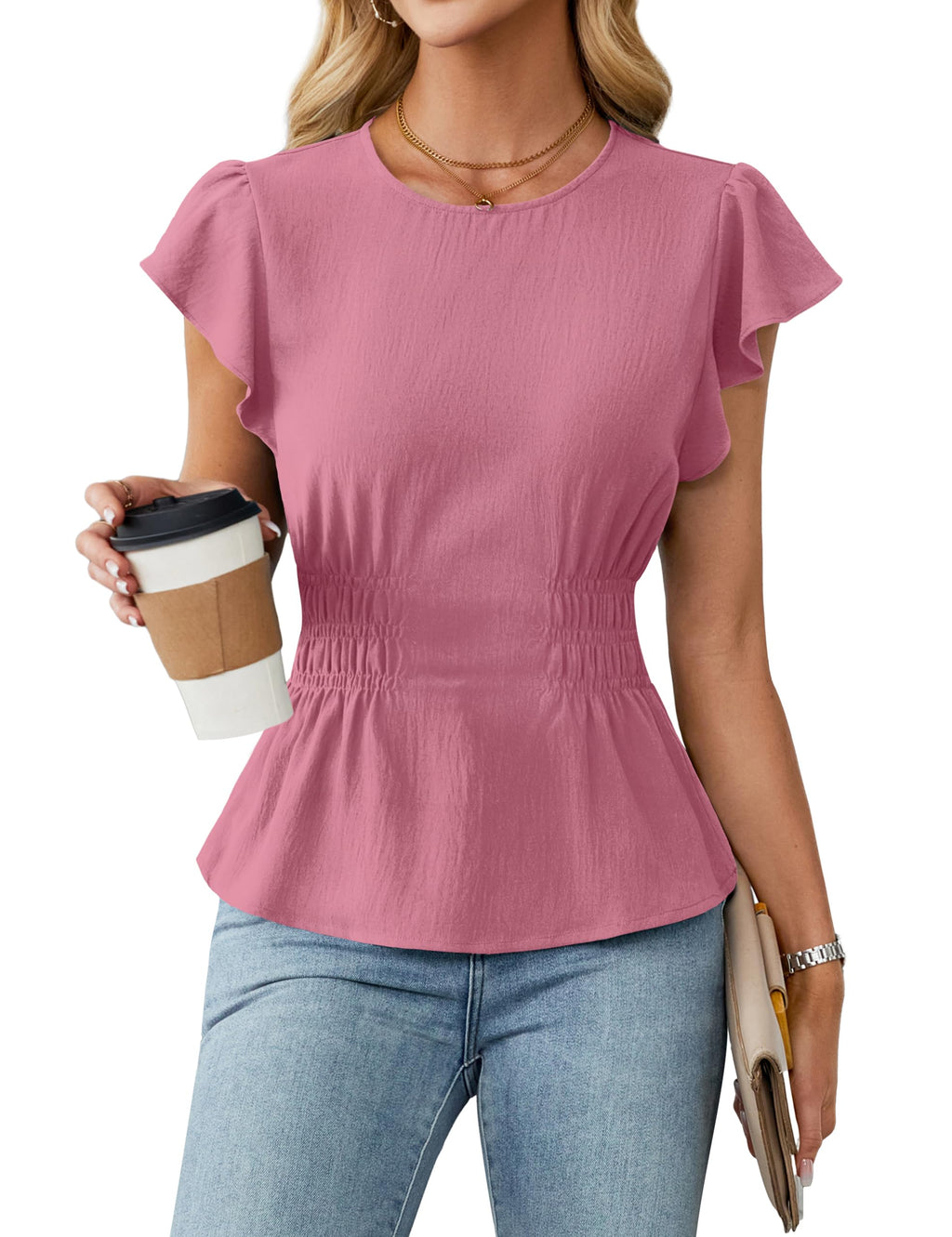 Blooming Jelly Women's Dressy Casual Blouses Business Ruffle Short Sleeve Tops Summer Crew Neck Smocked Shirts