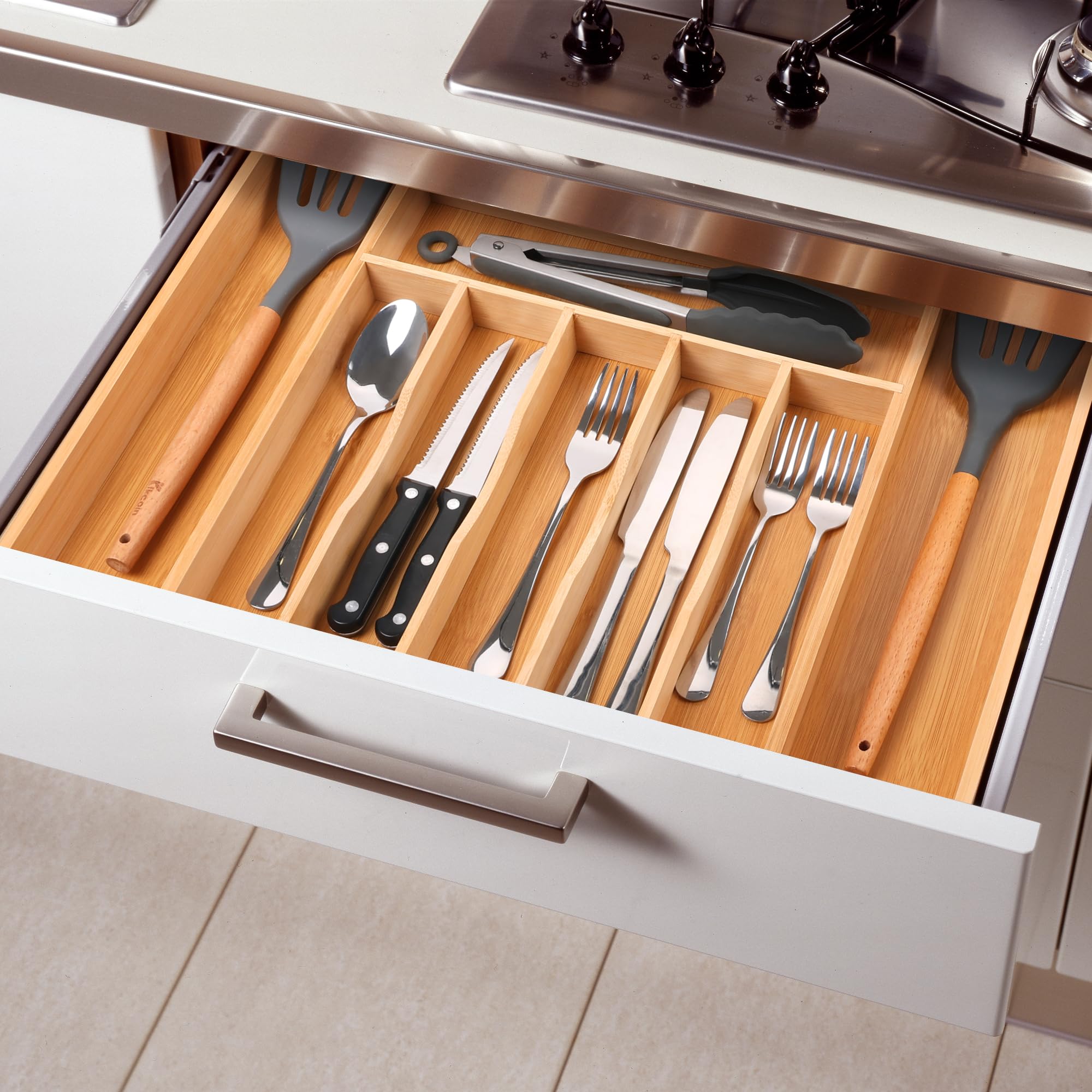 Expandable Acacia Kitchen Drawer Organizer for Cutlery and Utensils, Adjustable Acacia Wood Cutlery Tray in Drawer for Flatware and Silverware in Kitchen